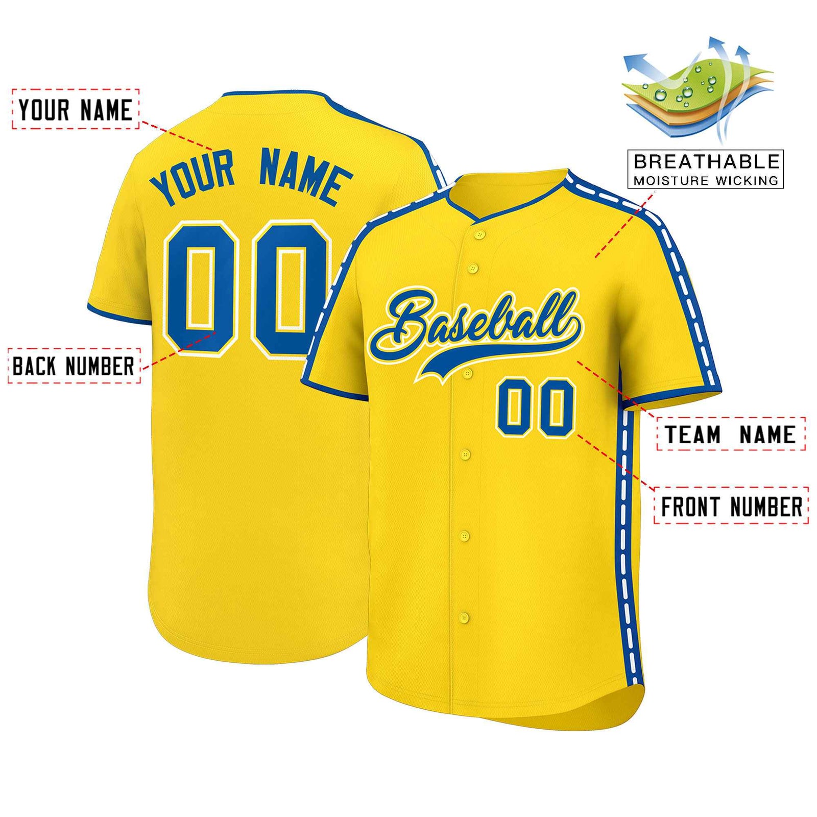 Custom Gold Royal Color Block Personalized Side Dotted Line Authentic Baseball Jersey