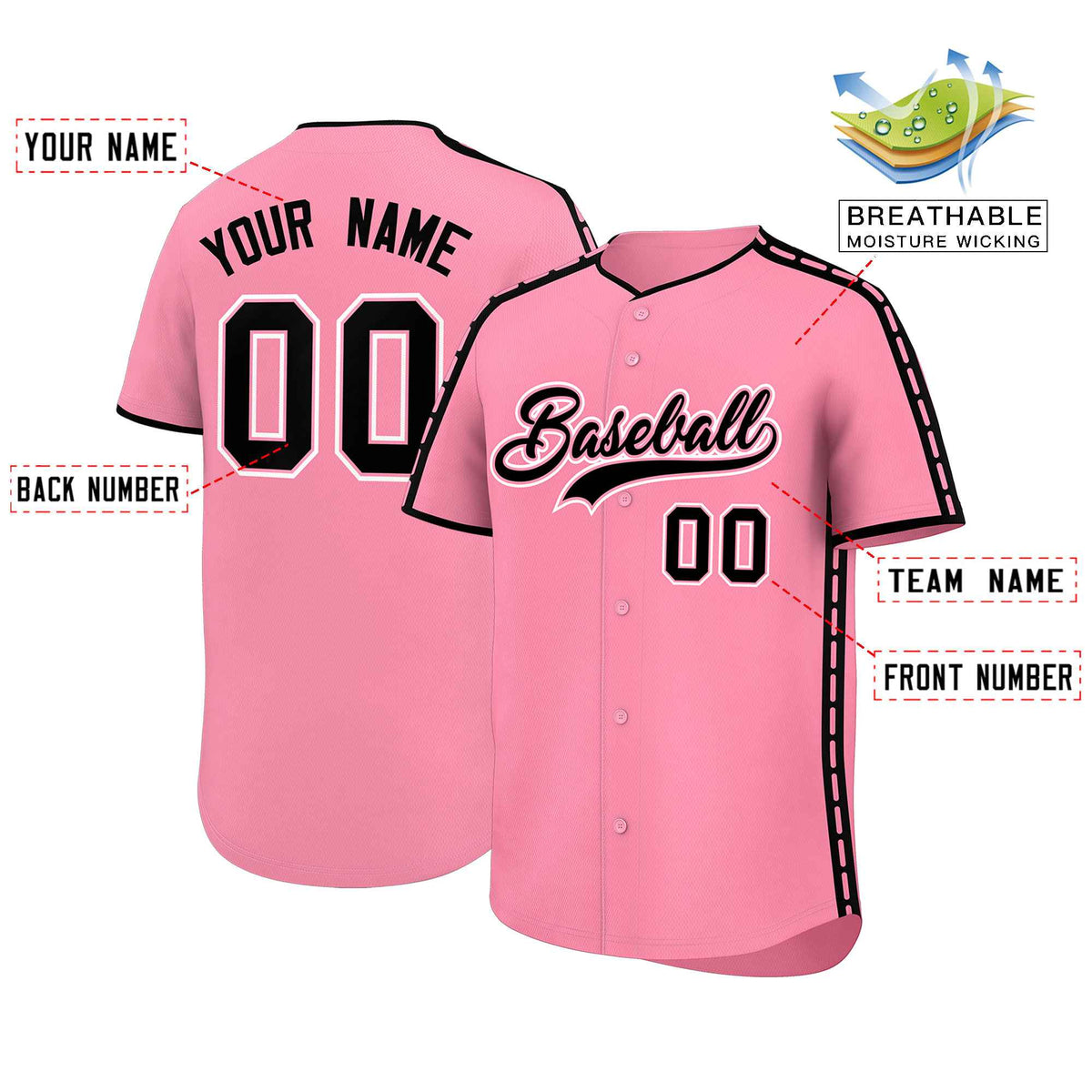 Custom Light Pink Black Color Block Personalized Side Dotted Line Authentic Baseball Jersey