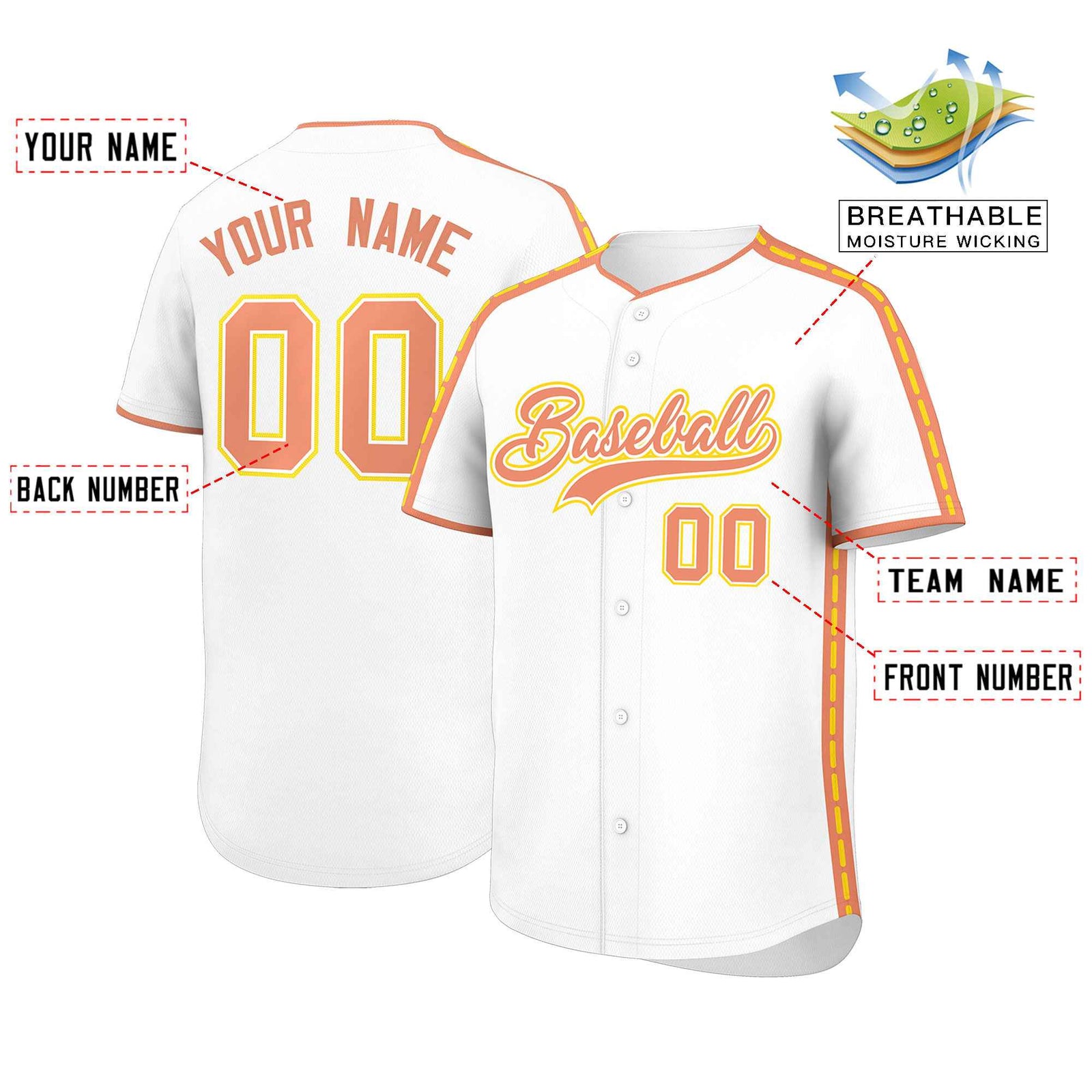 Custom White Light Orange Color Block Personalized Side Dotted Line Authentic Baseball Jersey