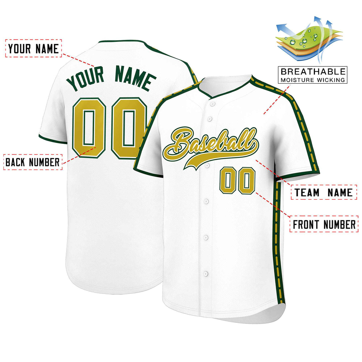 Custom White Green Color Block Personalized Side Dotted Line Authentic Baseball Jersey