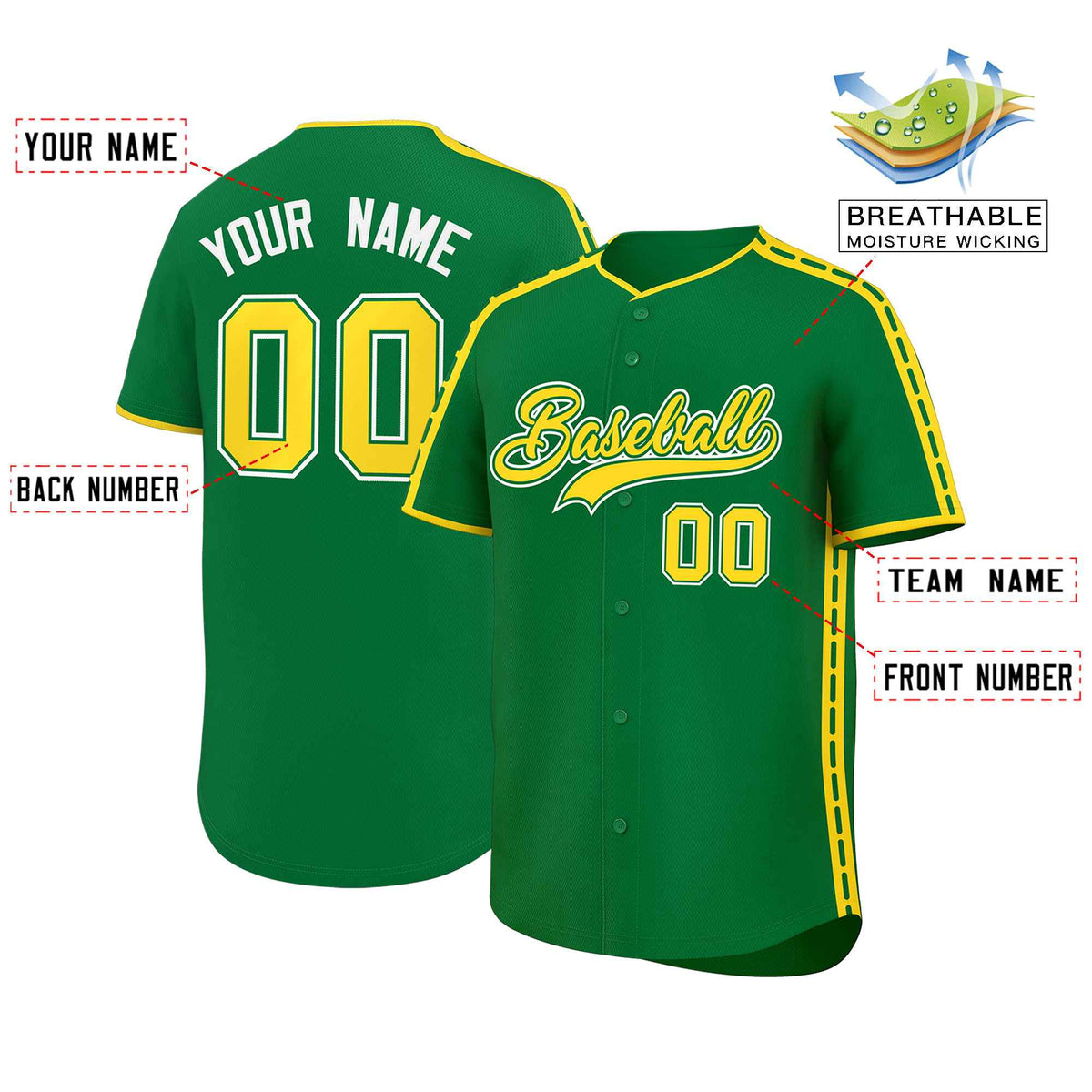Custom Kelly Green Gold Color Block Personalized Side Dotted Line Authentic Baseball Jersey