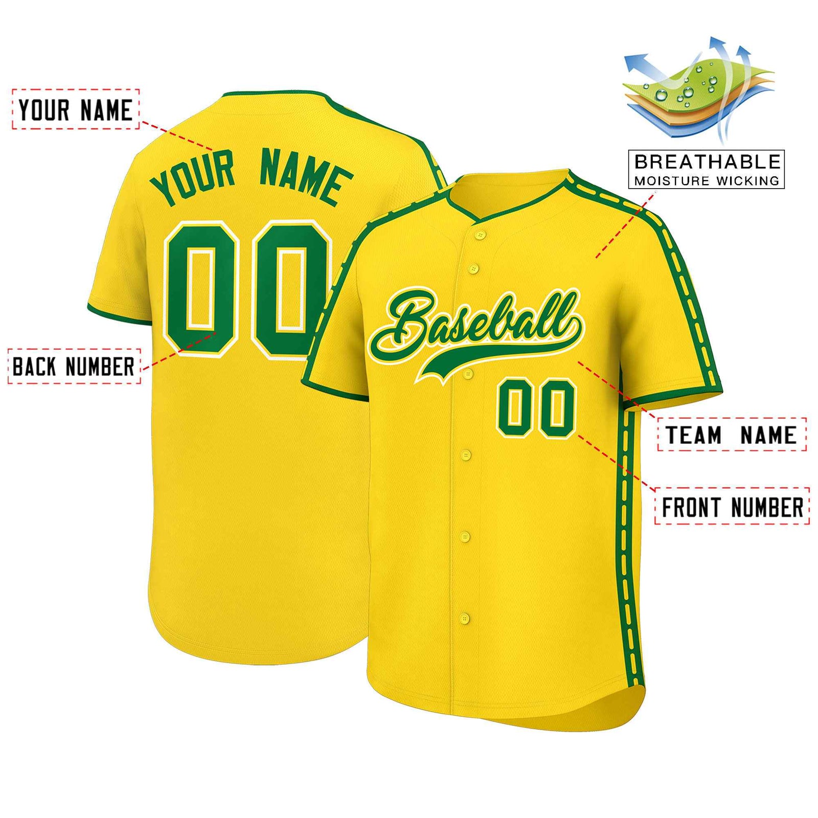 Custom Gold Kelly Green Color Block Personalized Side Dotted Line Authentic Baseball Jersey