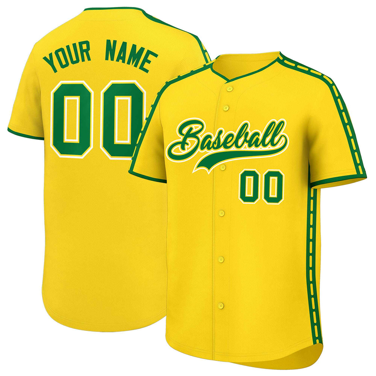 Custom Gold Kelly Green Color Block Personalized Side Dotted Line Authentic Baseball Jersey