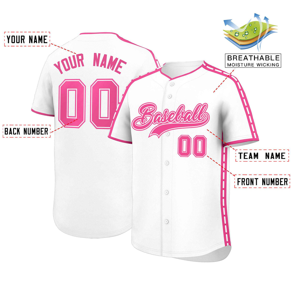 Custom White Pink Color Block Personalized Side Dotted Line Authentic Baseball Jersey