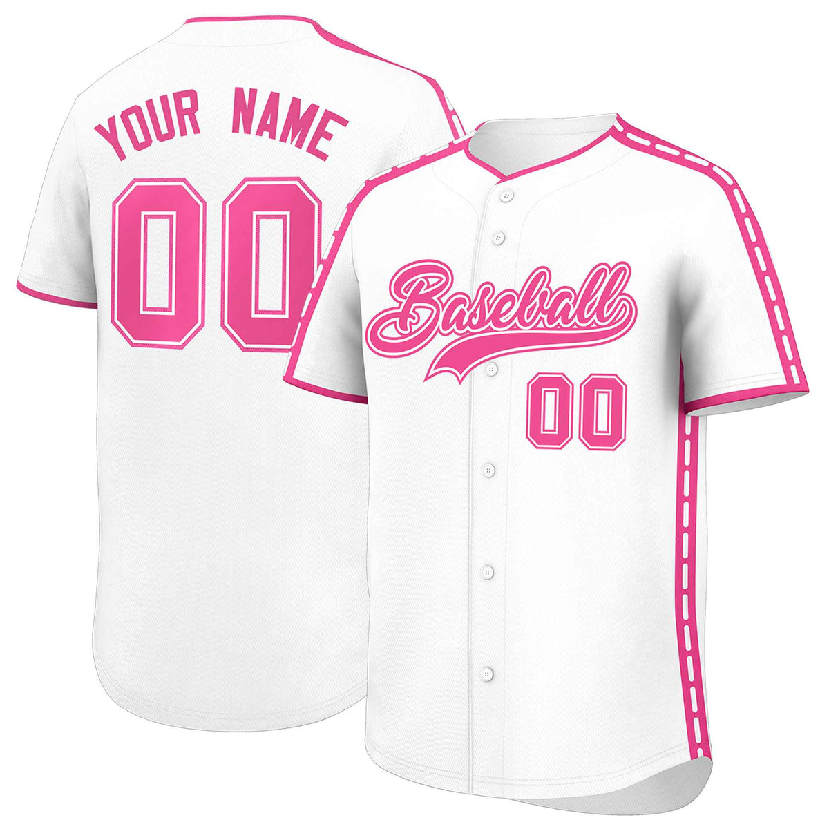 Custom White Pink Color Block Personalized Side Dotted Line Authentic Baseball Jersey