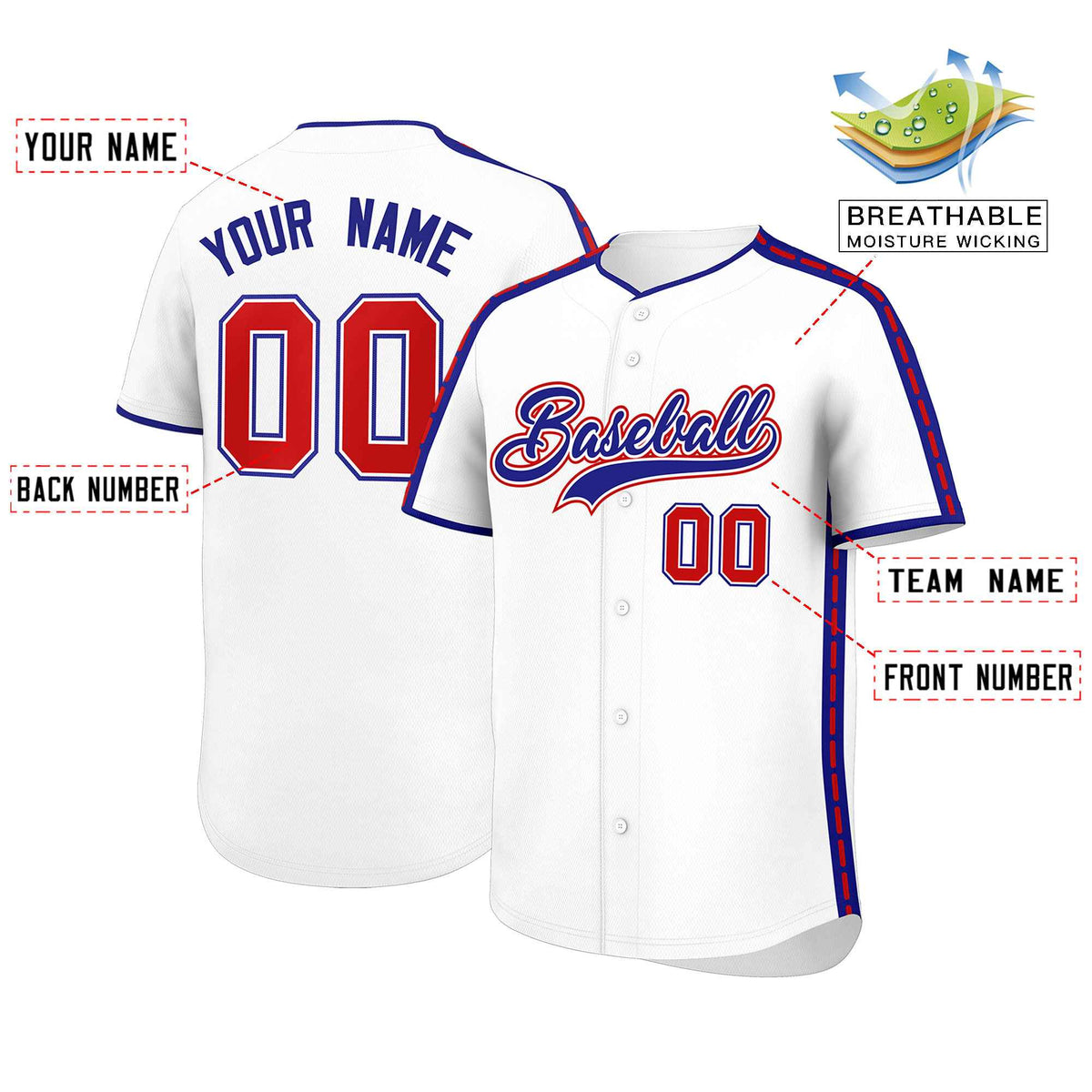 Custom White Royal Color Block Personalized Side Dotted Line Authentic Baseball Jersey