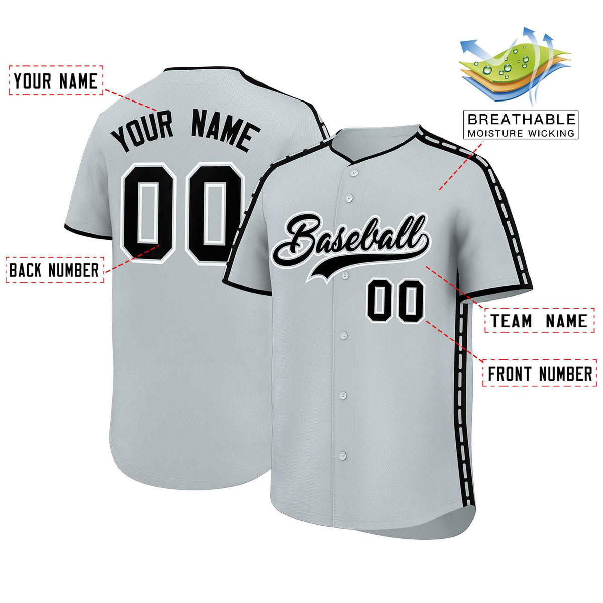 Custom Silver Black Color Block Personalized Side Dotted Line Authentic Baseball Jersey