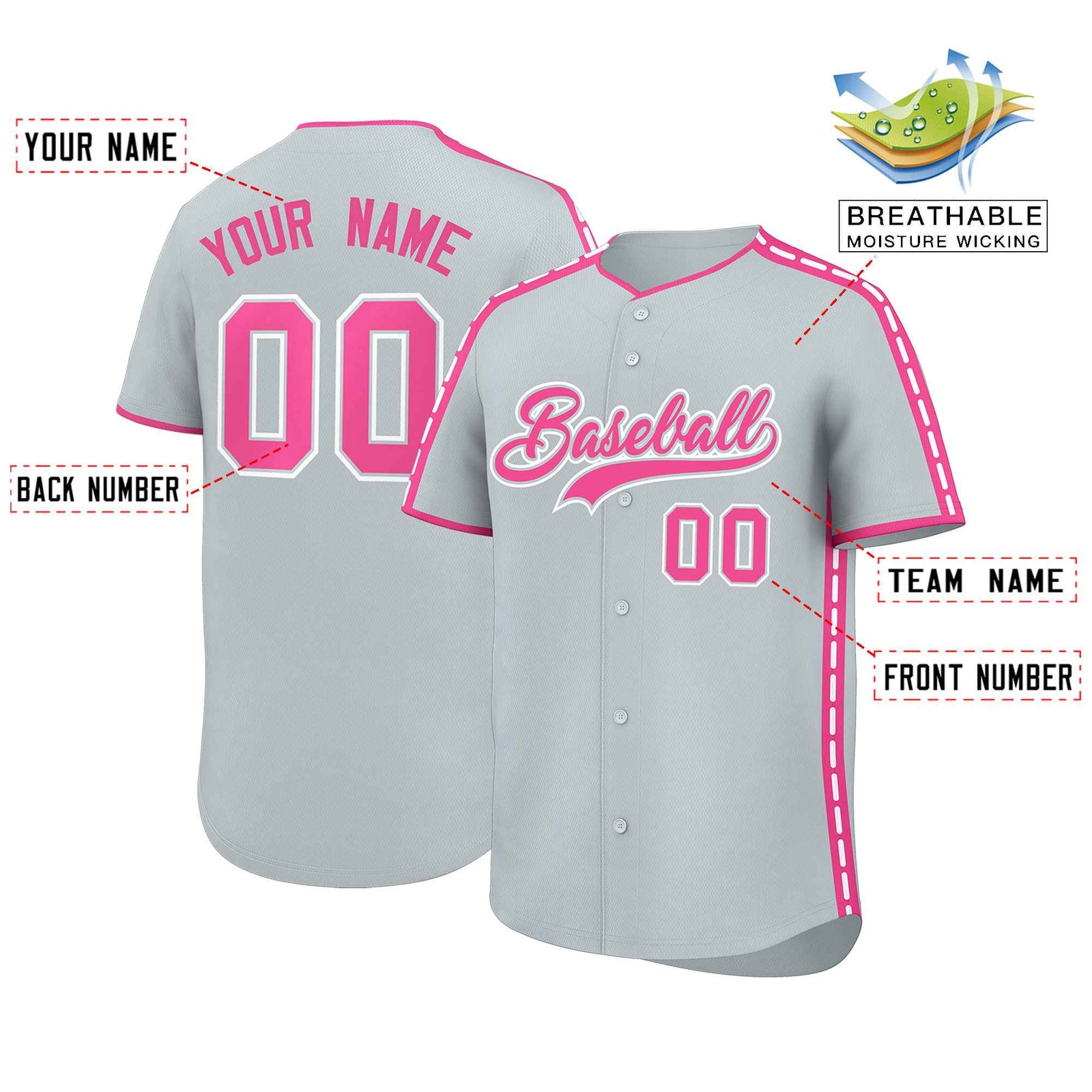 Custom Silver Pink Color Block Personalized Side Dotted Line Authentic Baseball Jersey