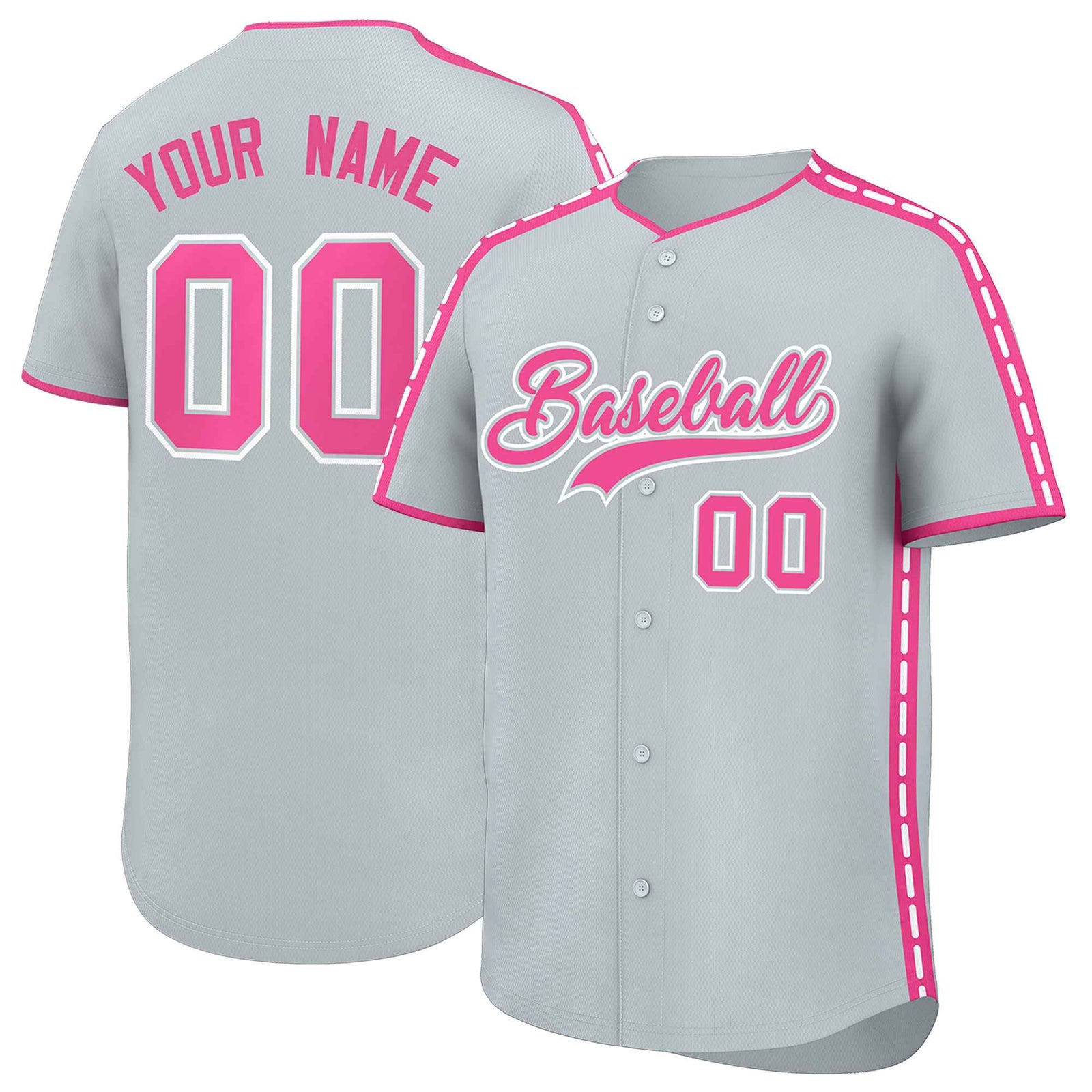 Custom Silver Pink Color Block Personalized Side Dotted Line Authentic Baseball Jersey