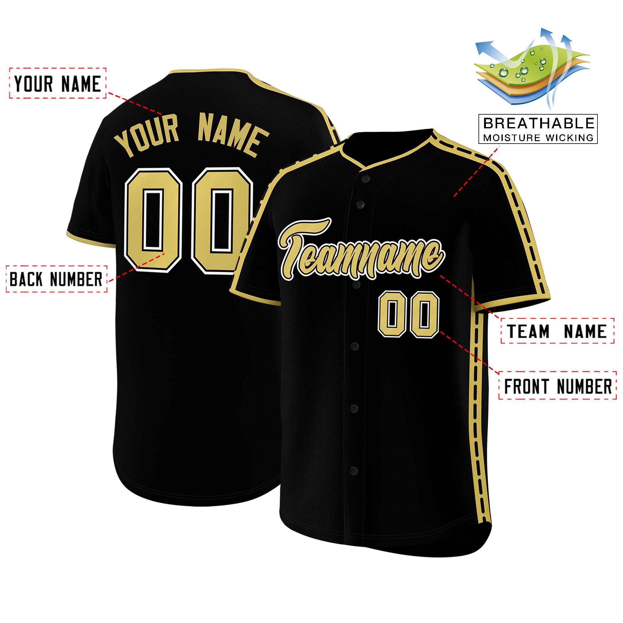 Custom Black Old Gold Color Block Personalized Side Dotted Line Authentic Baseball Jersey