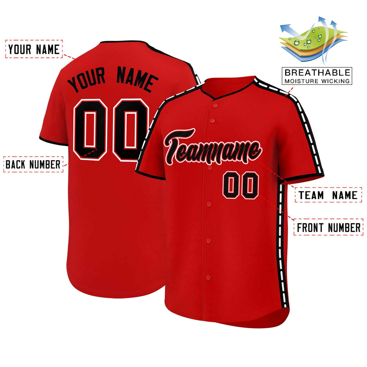 Custom Red Black Color Block Personalized Side Dotted Line Authentic Baseball Jersey