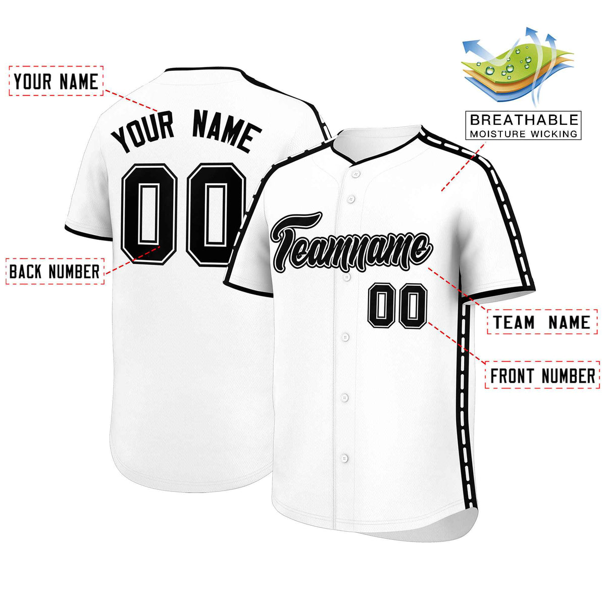 Custom White Black Color Block Personalized Side Dotted Line Authentic Baseball Jersey