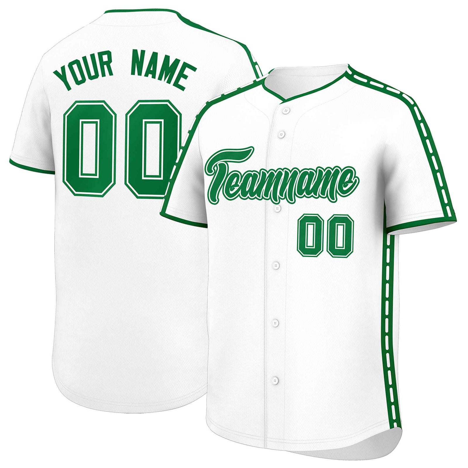 Custom White Kelly Green Color Block Personalized Side Dotted Line Authentic Baseball Jersey