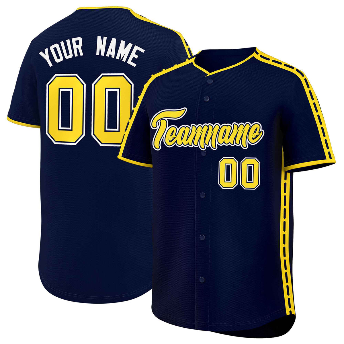 Custom Navy Gold Color Block Personalized Side Dotted Line Authentic Baseball Jersey