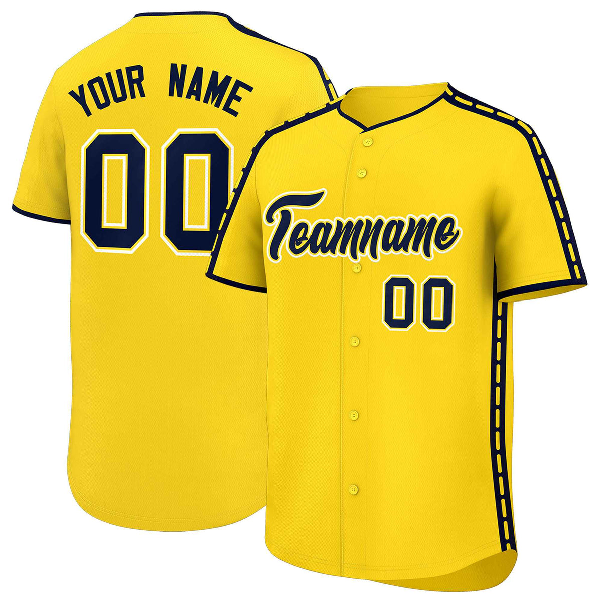 Custom Gold Navy Color Block Personalized Side Dotted Line Authentic Baseball Jersey