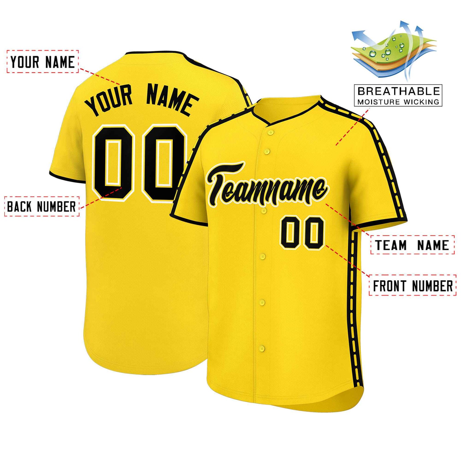 Custom Gold Black Color Block Personalized Side Dotted Line Authentic Baseball Jersey