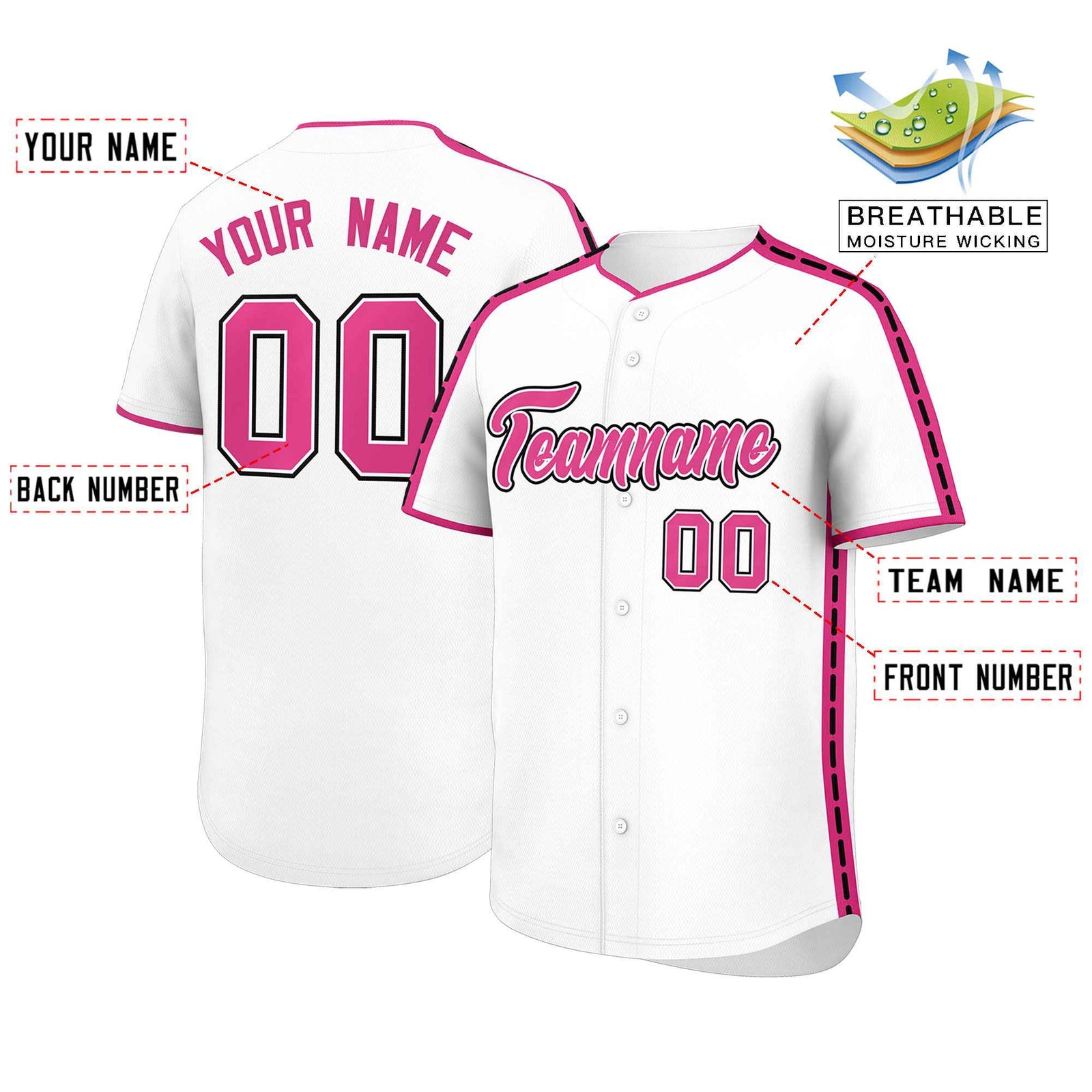 Custom White Pink Color Block Personalized Side Dotted Line Authentic Baseball Jersey