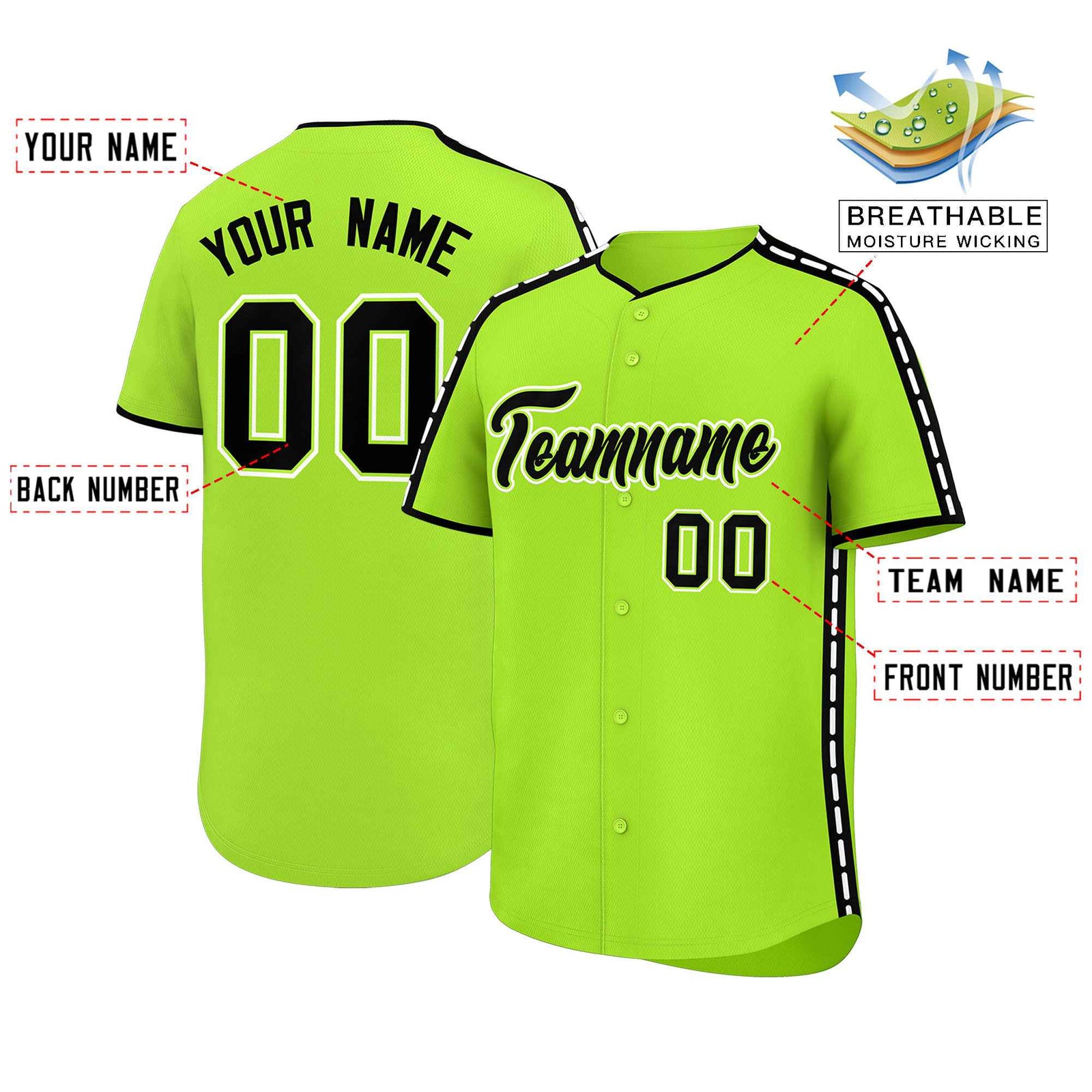 Custom Light Green Black Color Block Personalized Side Dotted Line Authentic Baseball Jersey