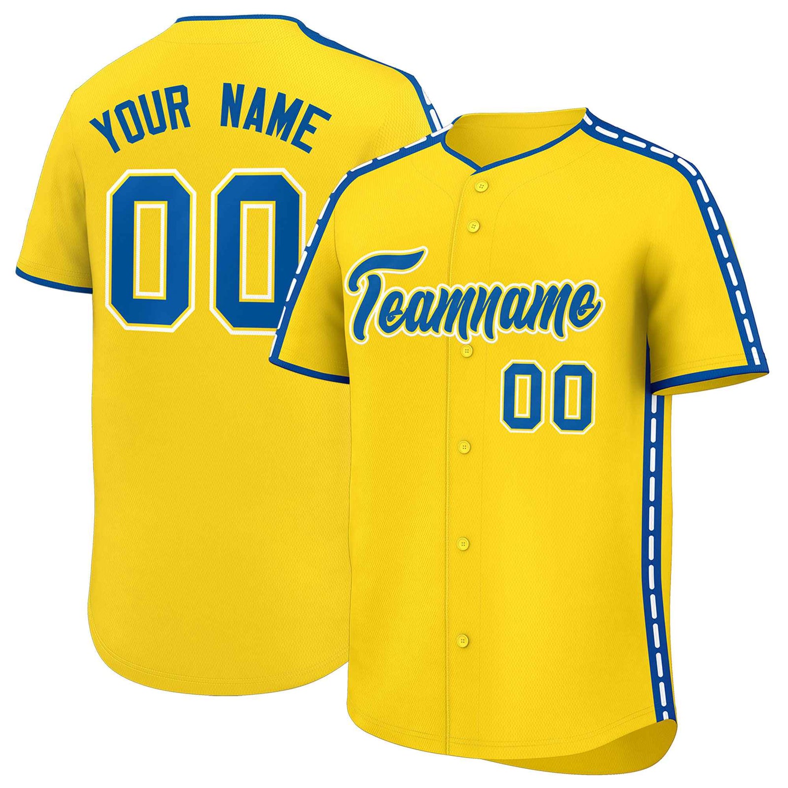 Custom Gold Royal Color Block Personalized Side Dotted Line Authentic Baseball Jersey
