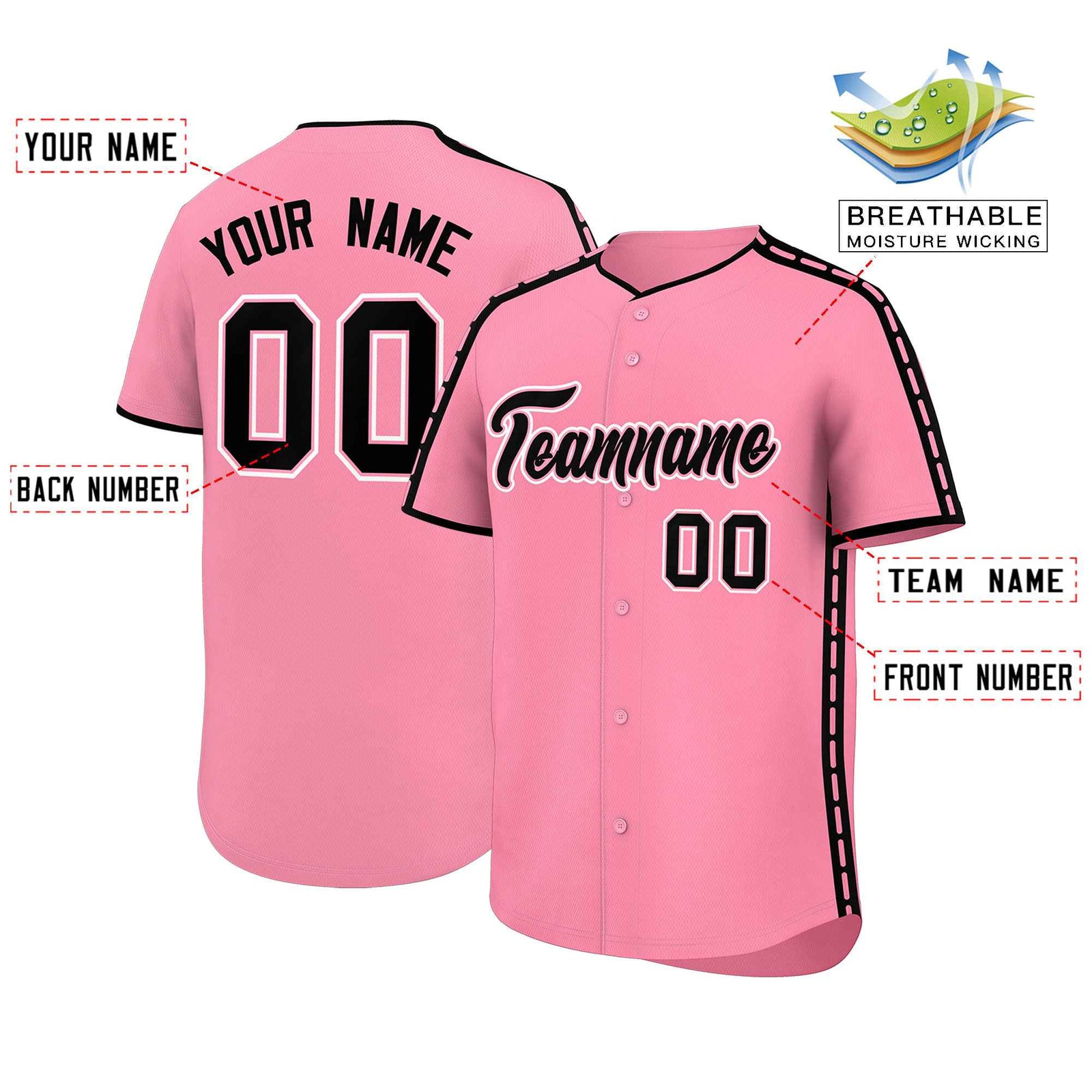 Custom Light Pink Black Color Block Personalized Side Dotted Line Authentic Baseball Jersey