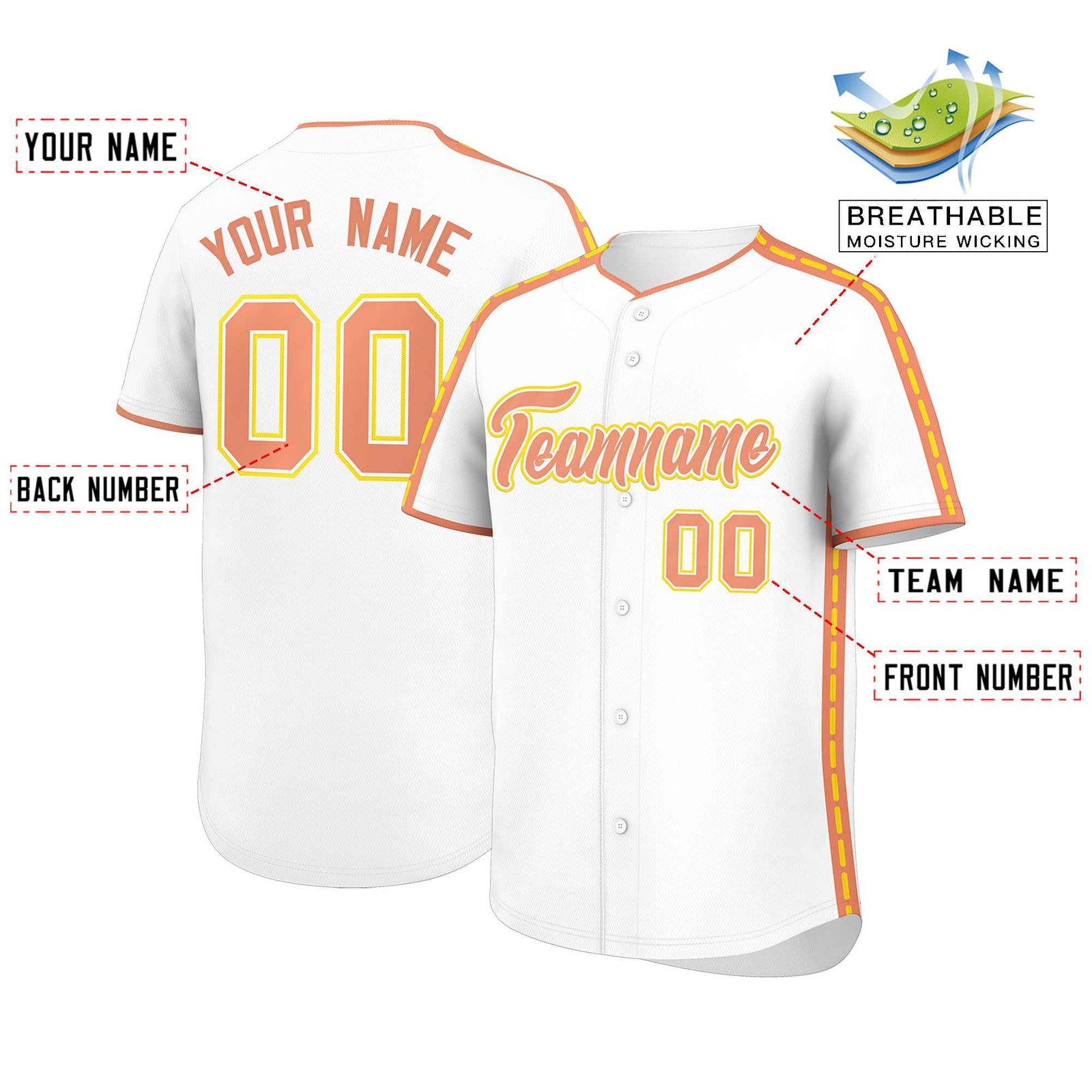 Custom White Light Orange Color Block Personalized Side Dotted Line Authentic Baseball Jersey