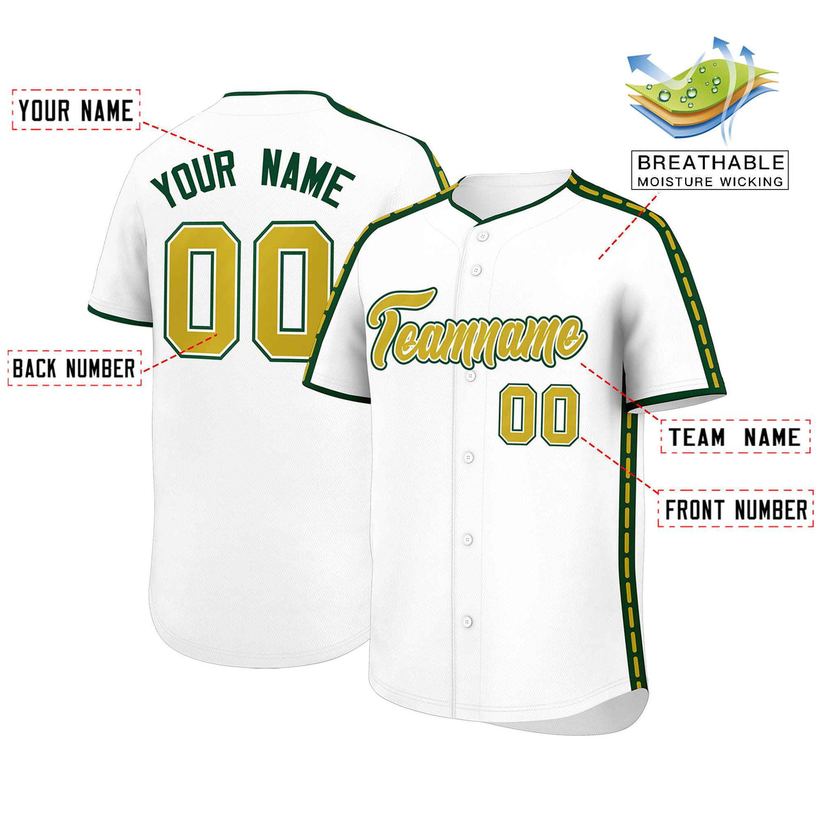 Custom White Green Color Block Personalized Side Dotted Line Authentic Baseball Jersey