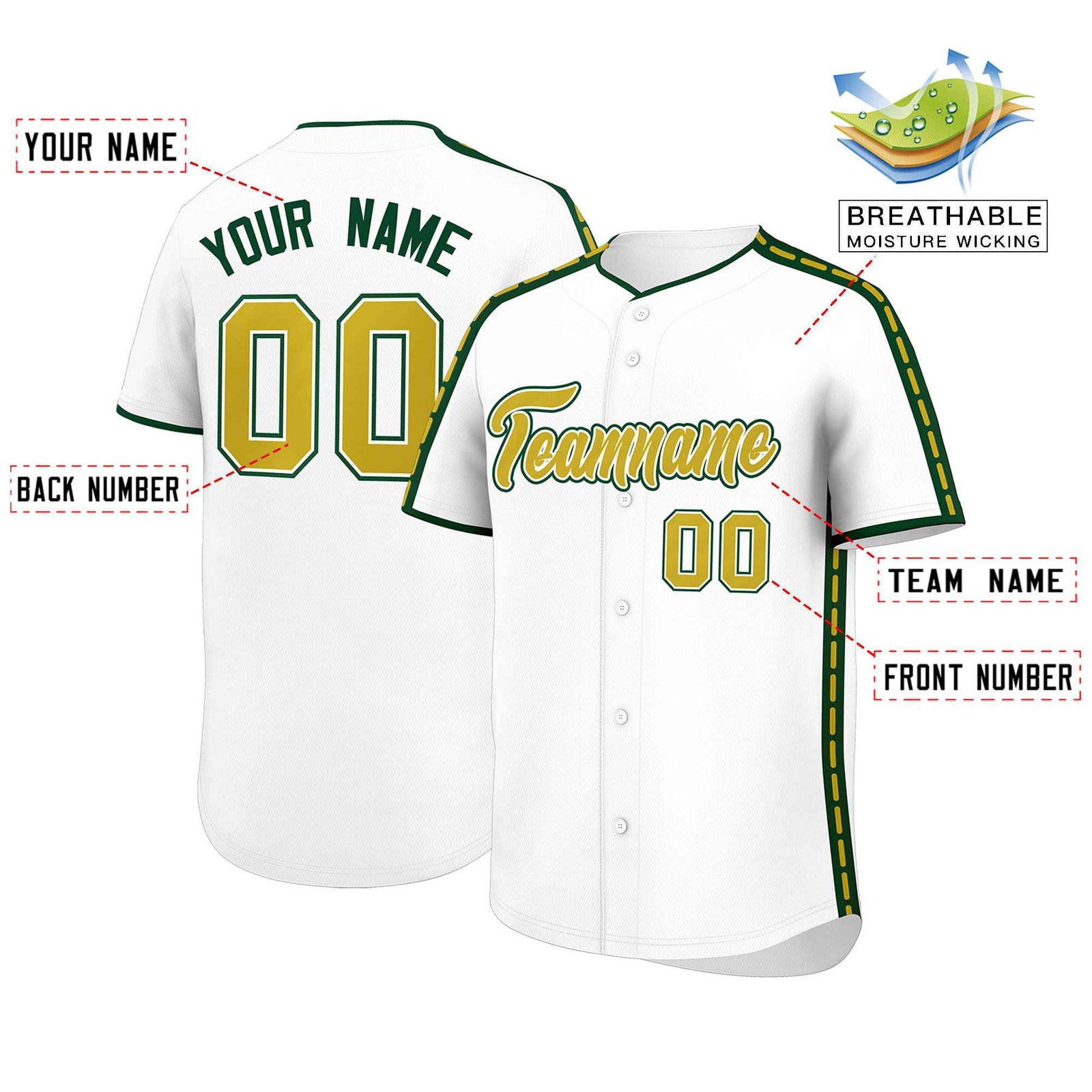 Custom White Green Color Block Personalized Side Dotted Line Authentic Baseball Jersey