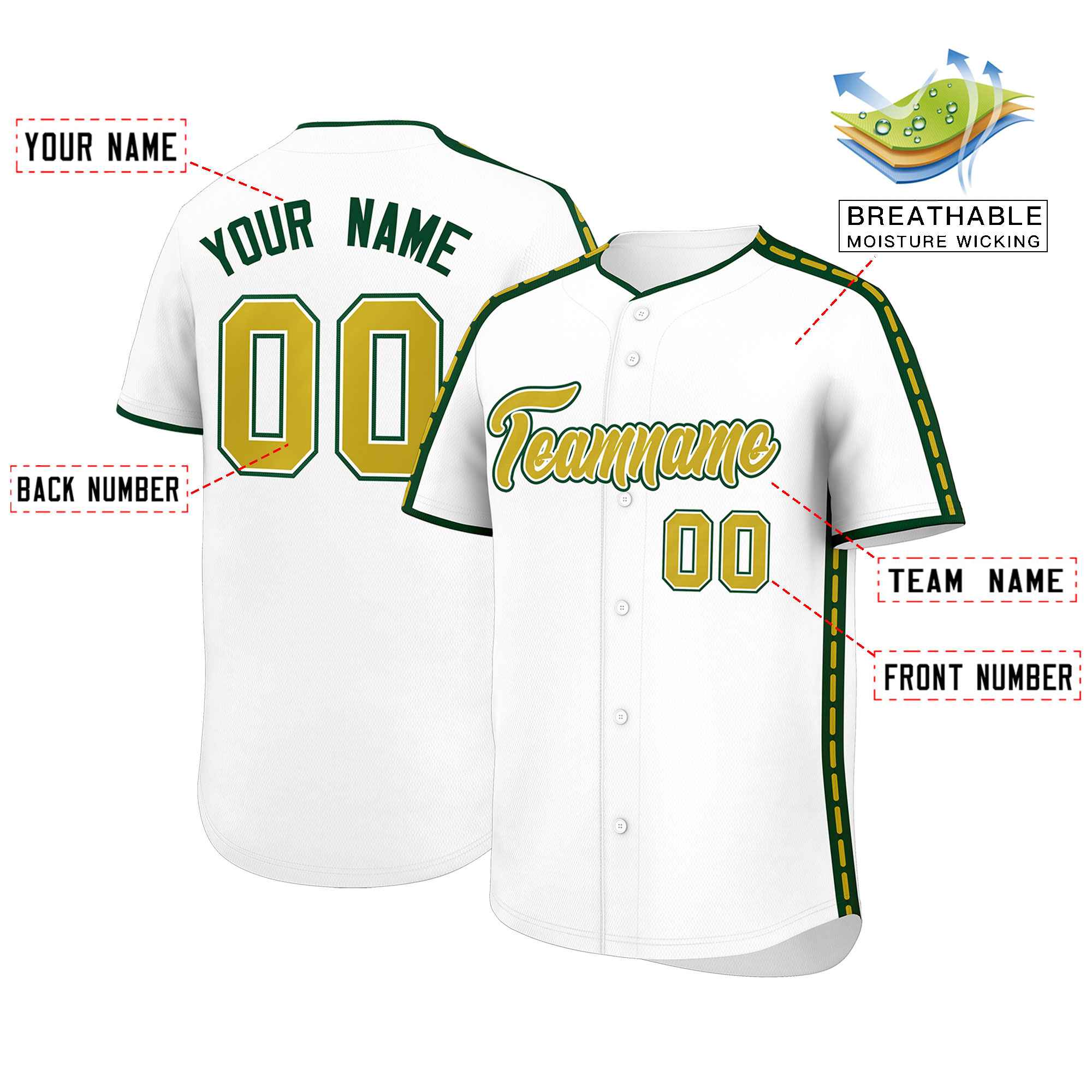 Custom White Green Color Block Personalized Side Dotted Line Authentic Baseball Jersey