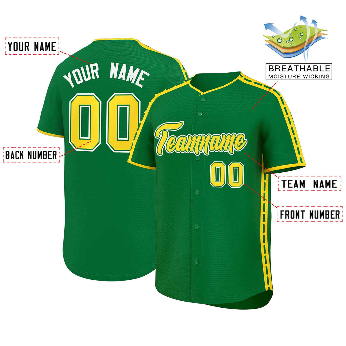 Custom Kelly Green Gold Color Block Personalized Side Dotted Line Authentic Baseball Jersey