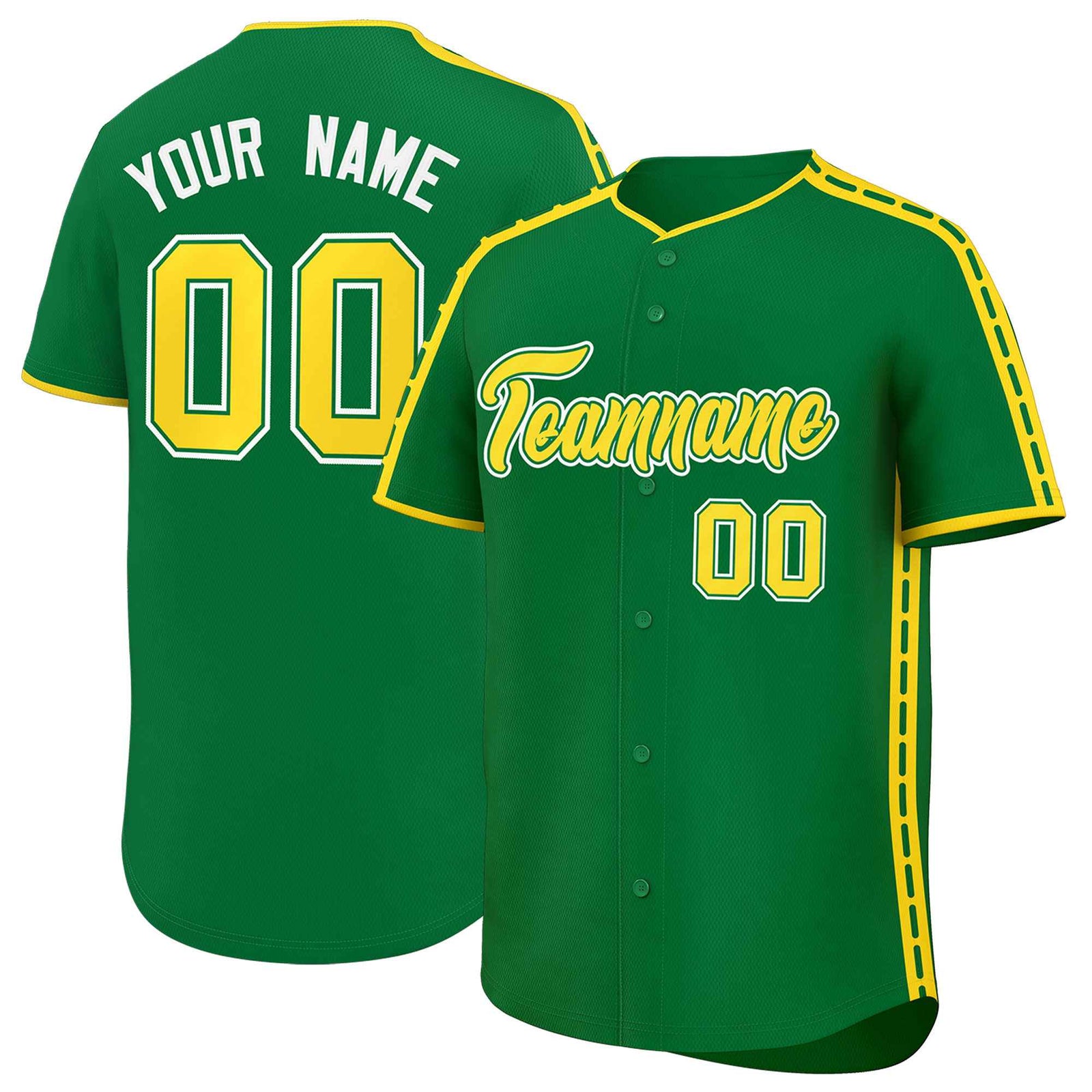 Custom Kelly Green Gold Color Block Personalized Side Dotted Line Authentic Baseball Jersey