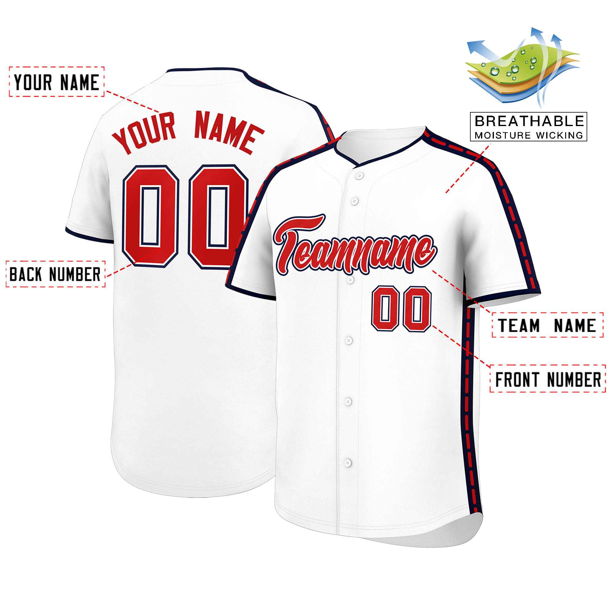 Custom White Navy Color Block Personalized Side Dotted Line Authentic Baseball Jersey