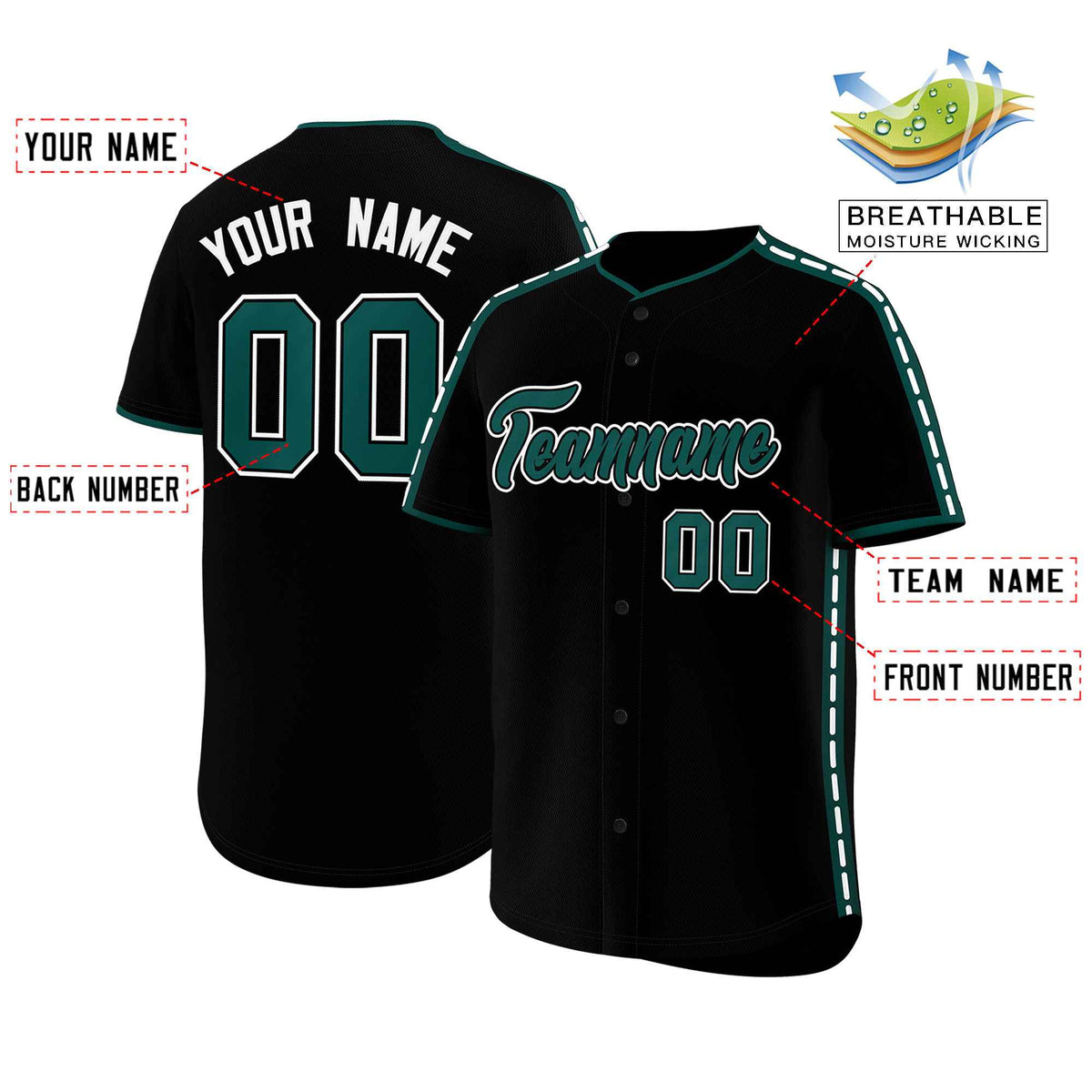 Custom Black Midnight Green Color Block Personalized Side Dotted Line Authentic Baseball Jersey