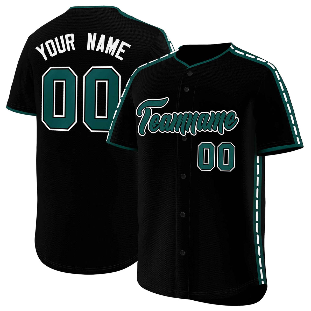 Custom Black Midnight Green Color Block Personalized Side Dotted Line Authentic Baseball Jersey