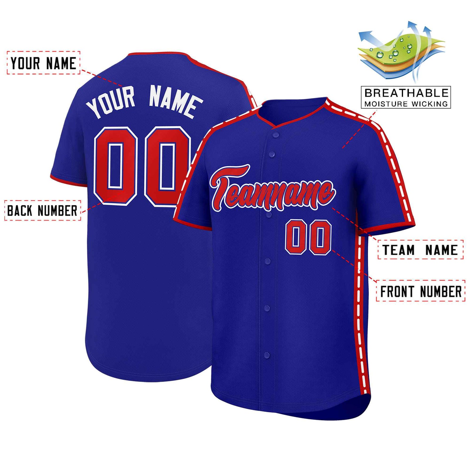 Custom Royal Red Color Block Personalized Side Dotted Line Authentic Baseball Jersey