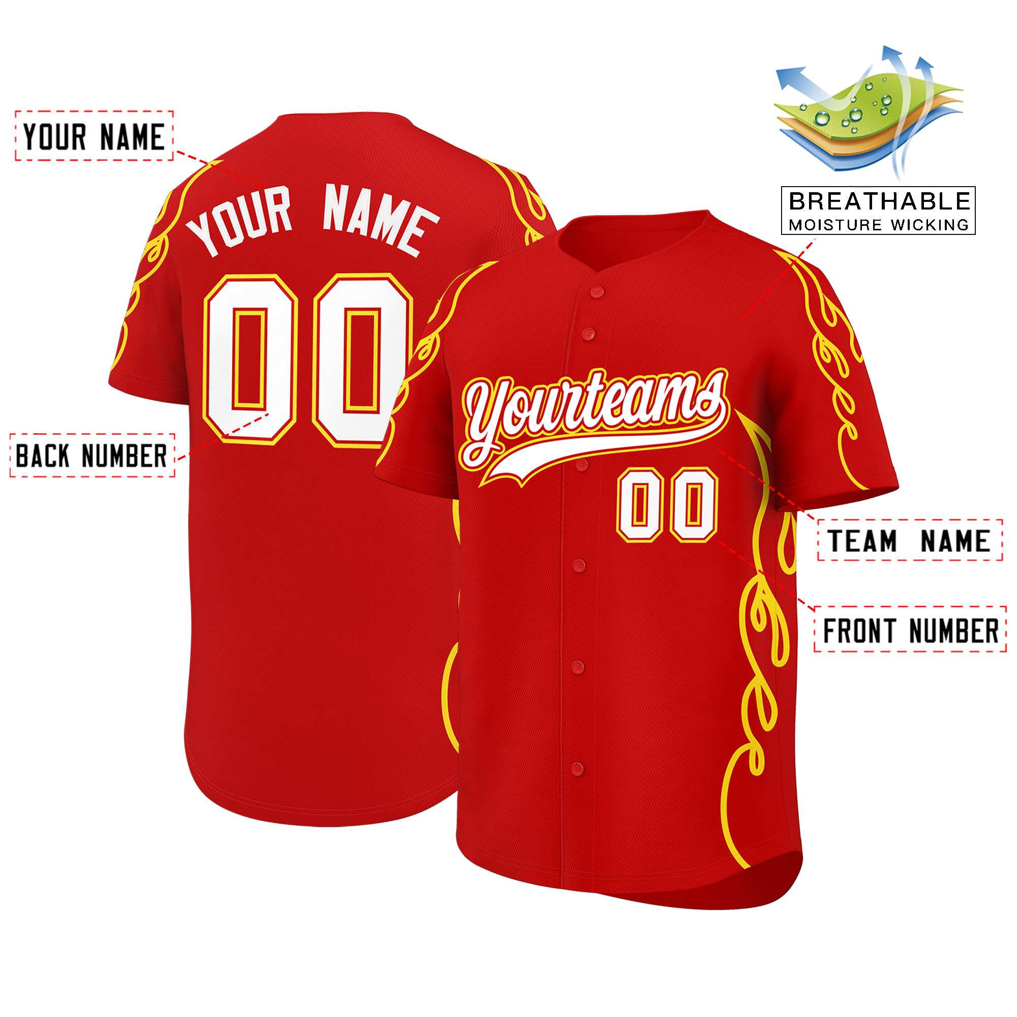 Custom Red Gold Side Flame Outline Pattern Sports Uniform Basetball Jersey