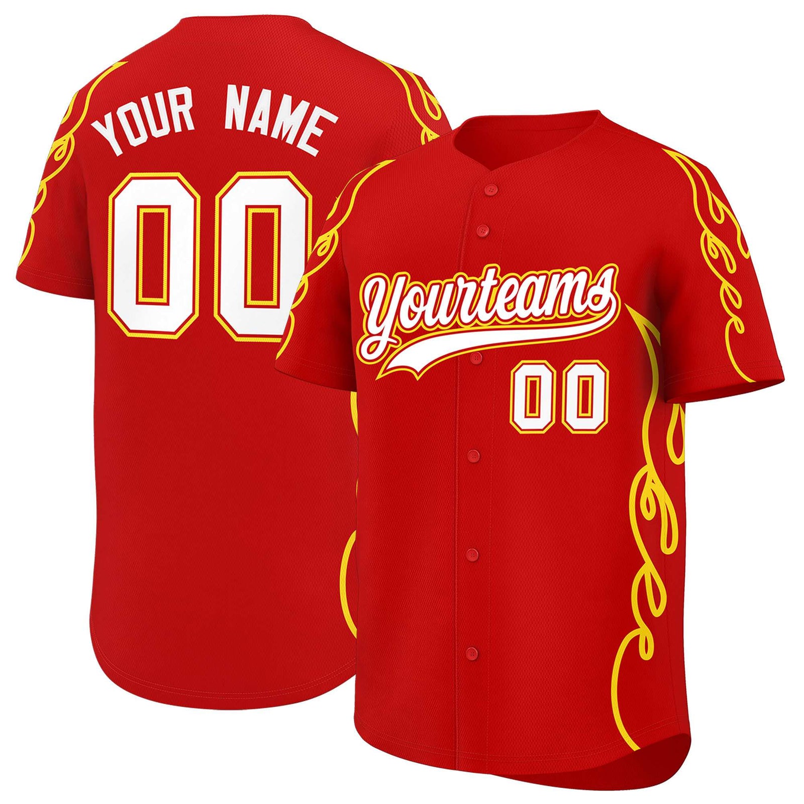 Custom Red Gold Side Flame Outline Pattern Sports Uniform Basetball Jersey