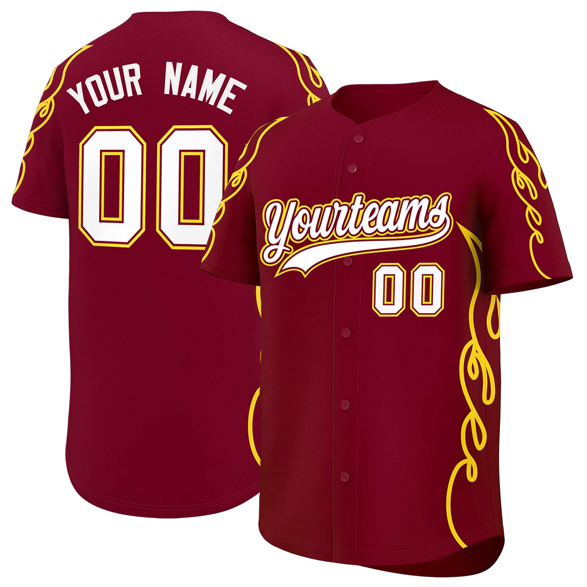 Custom Crimson Gold Side Flame Outline Pattern Sports Uniform Basetball Jersey
