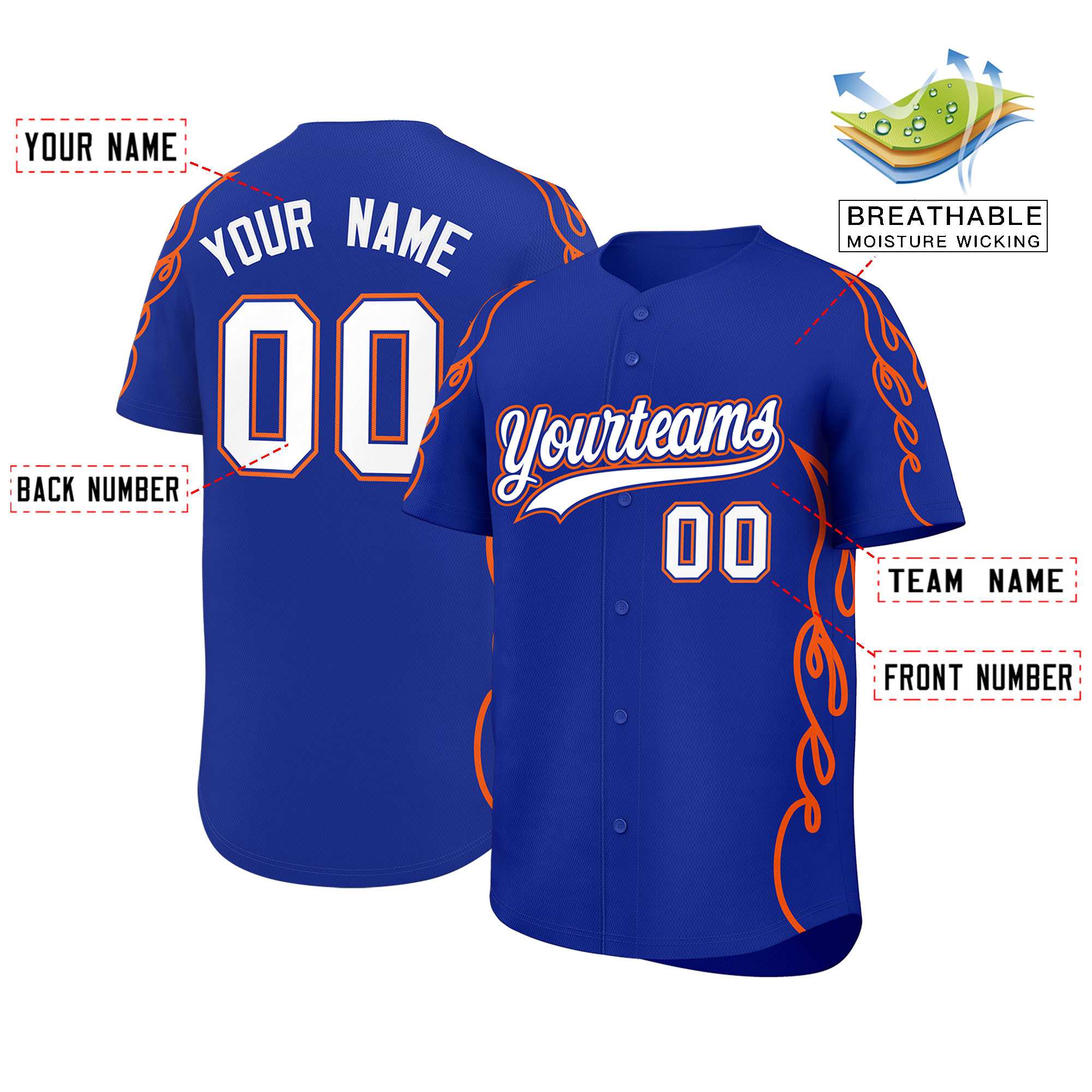 Custom Royal Orange Side Flame Outline Pattern Sports Uniform Basetball Jersey