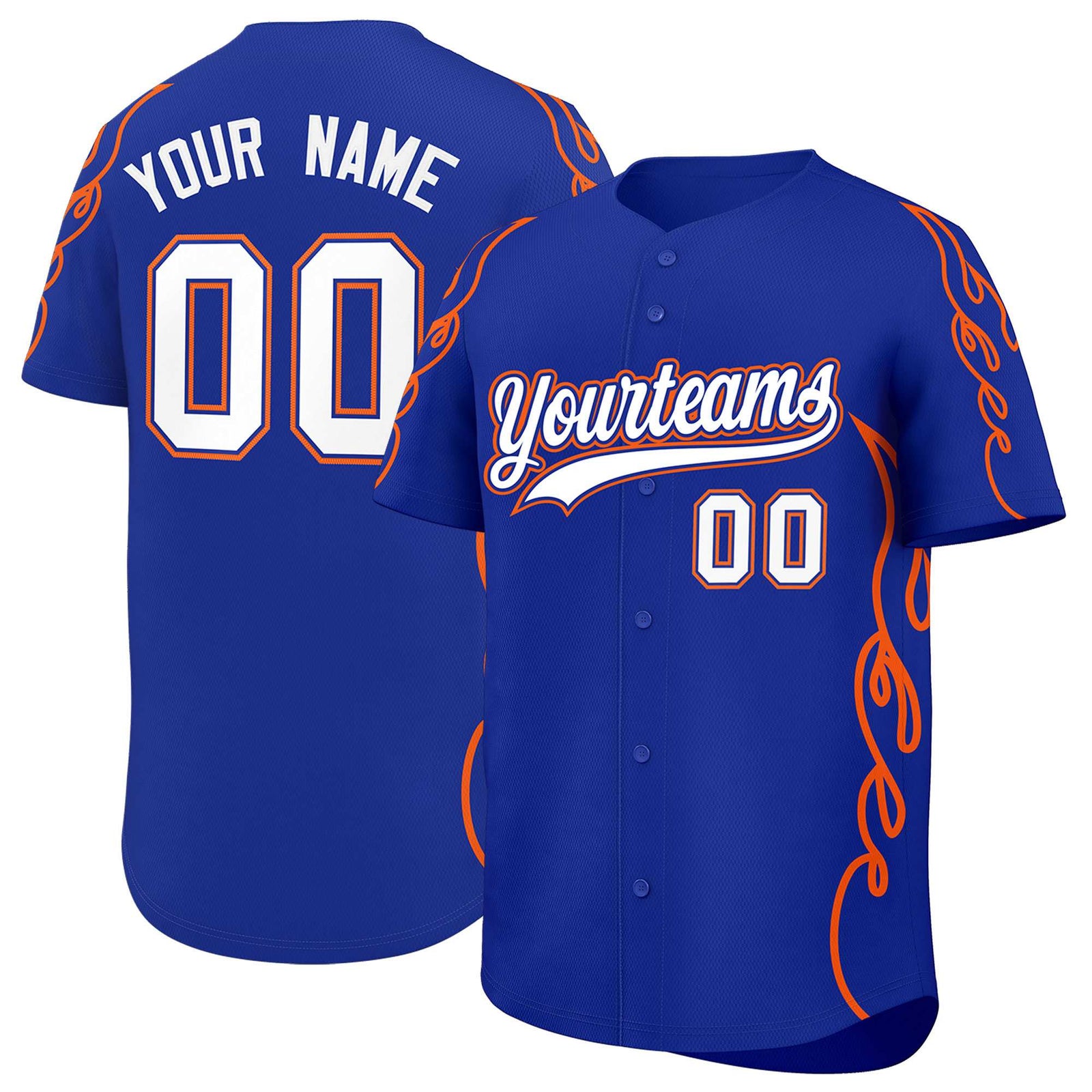 Custom Royal Orange Side Flame Outline Pattern Sports Uniform Basetball Jersey