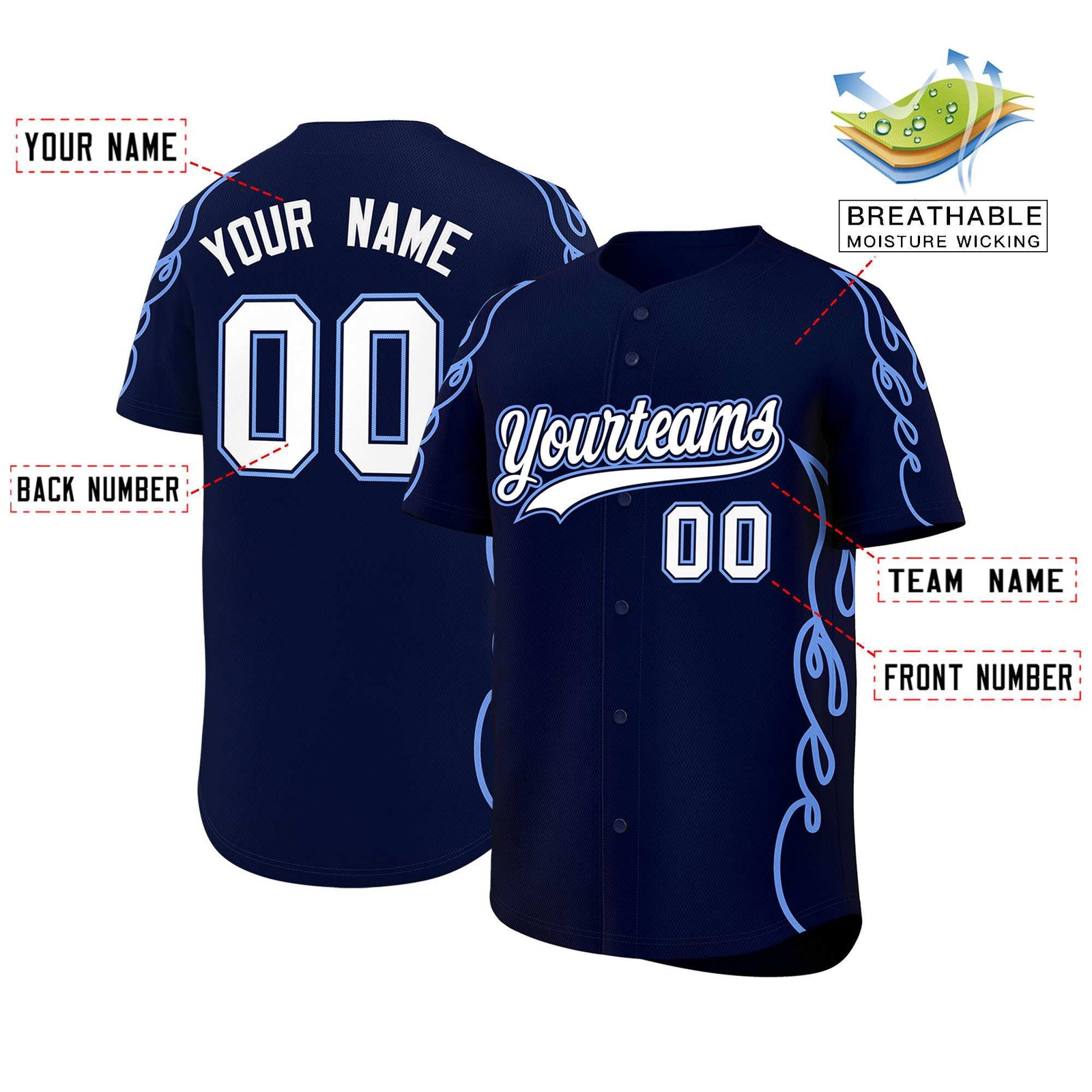 Custom Navy Light Blue Side Flame Outline Pattern Sports Uniform Basetball Jersey