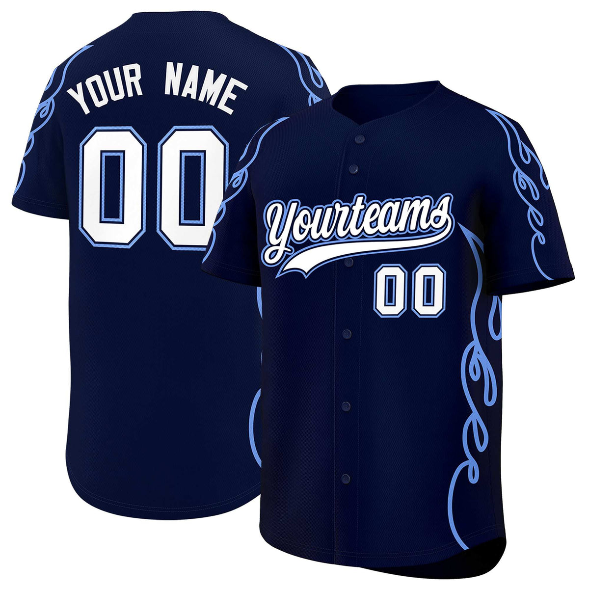Custom Navy Light Blue Side Flame Outline Pattern Sports Uniform Basetball Jersey