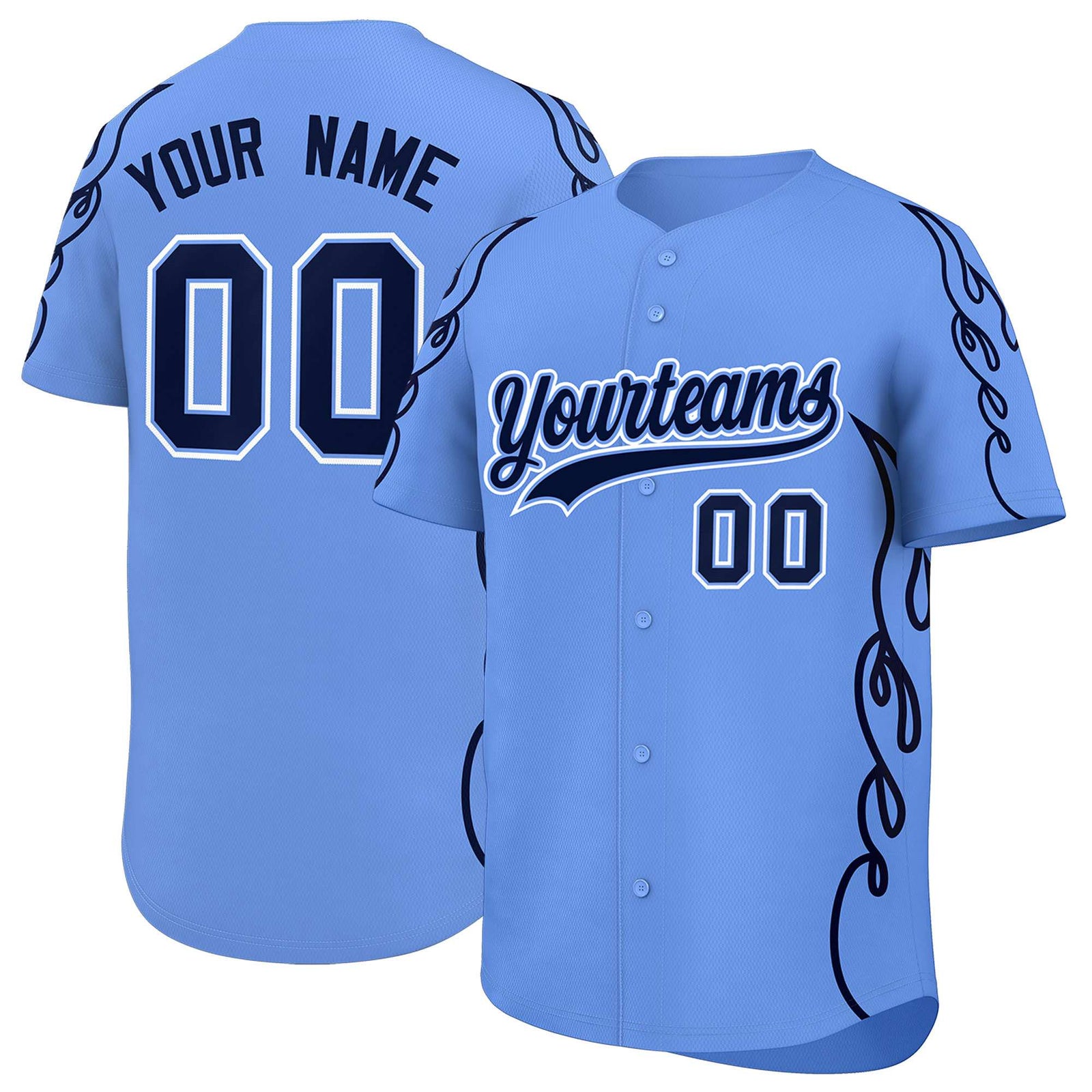Custom Light Blue Navy Side Flame Outline Pattern Sports Uniform Basetball Jersey