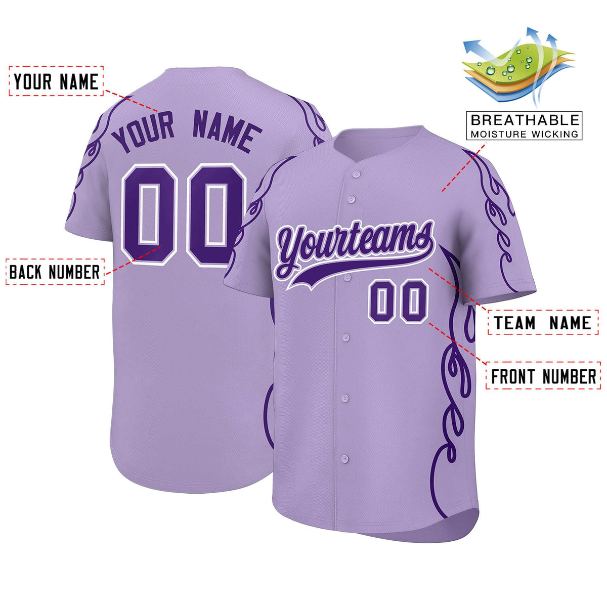 Custom Light Purple Purple Side Flame Outline Pattern Sports Uniform Basetball Jersey