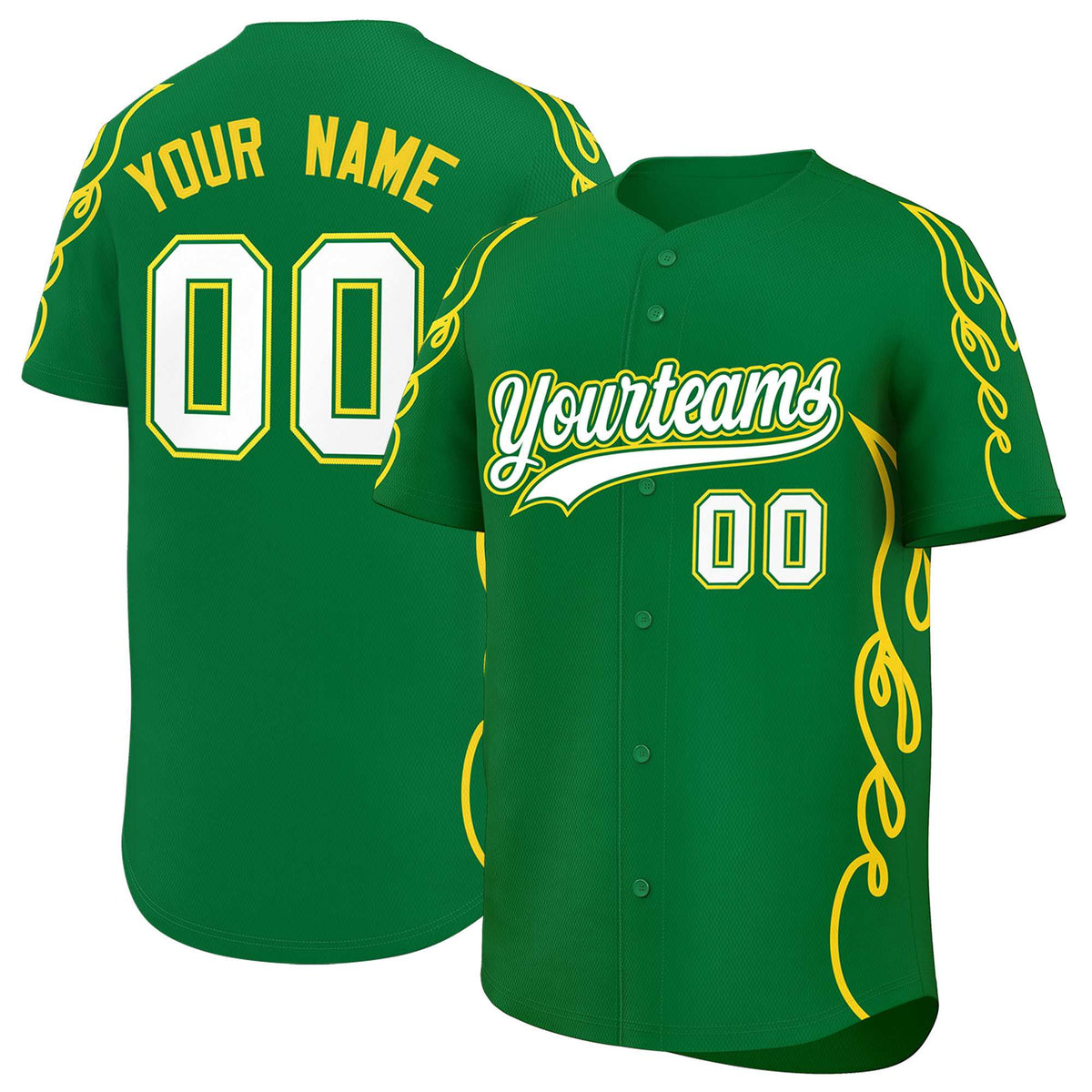 Custom Kelly Green Gold Side Flame Outline Pattern Sports Uniform Basetball Jersey