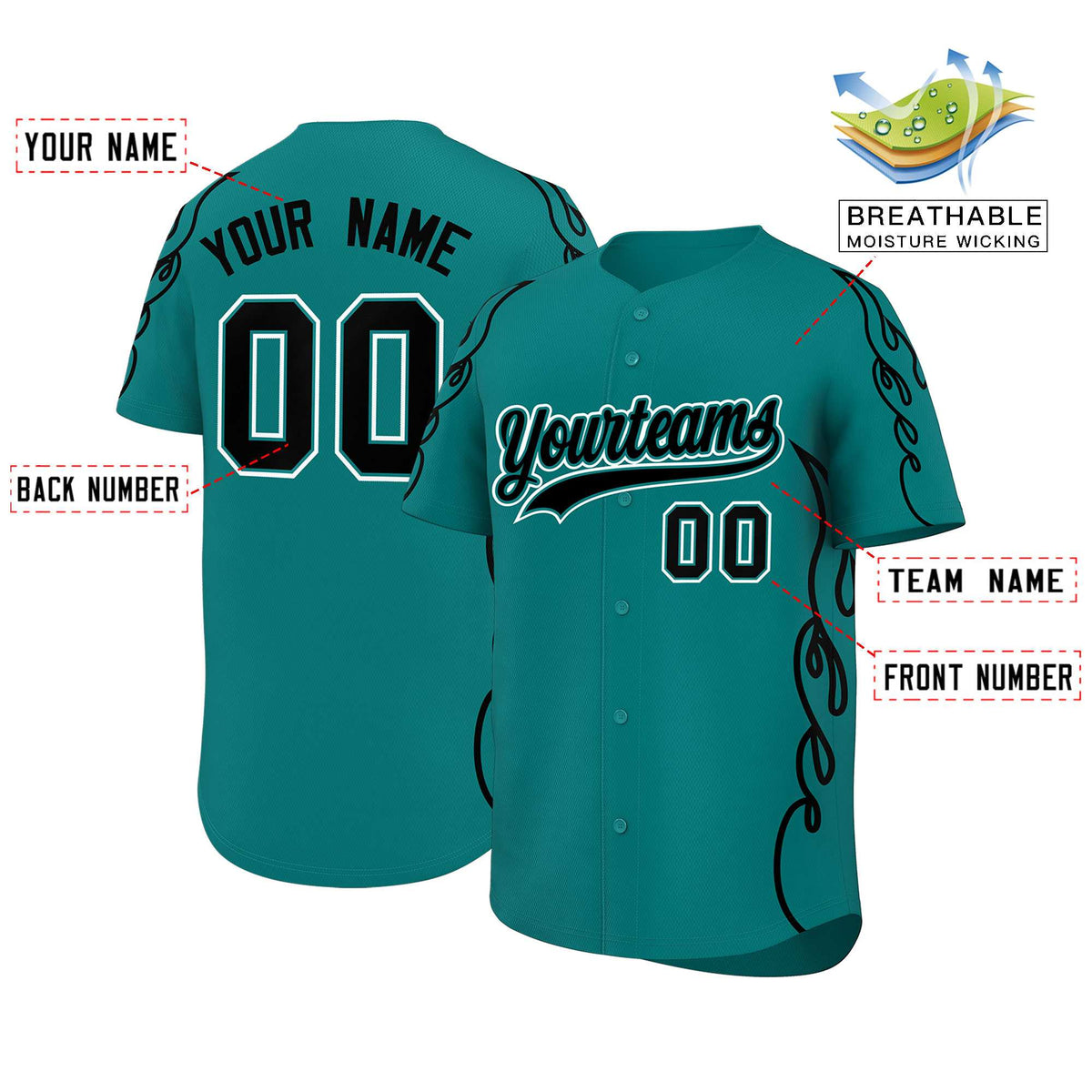 Custom Teal Black Side Flame Outline Pattern Sports Uniform Basetball Jersey