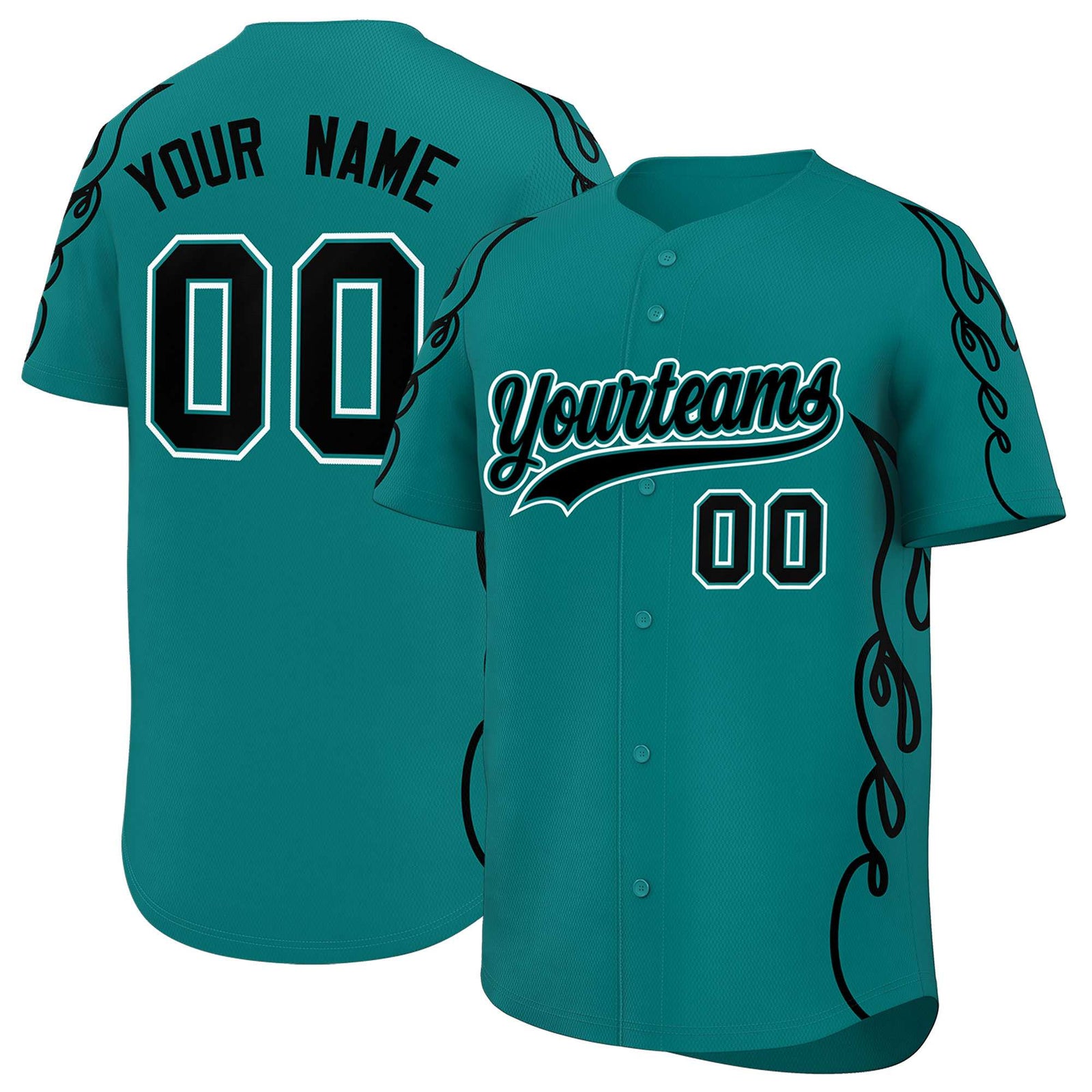 Custom Teal Black Side Flame Outline Pattern Sports Uniform Basetball Jersey