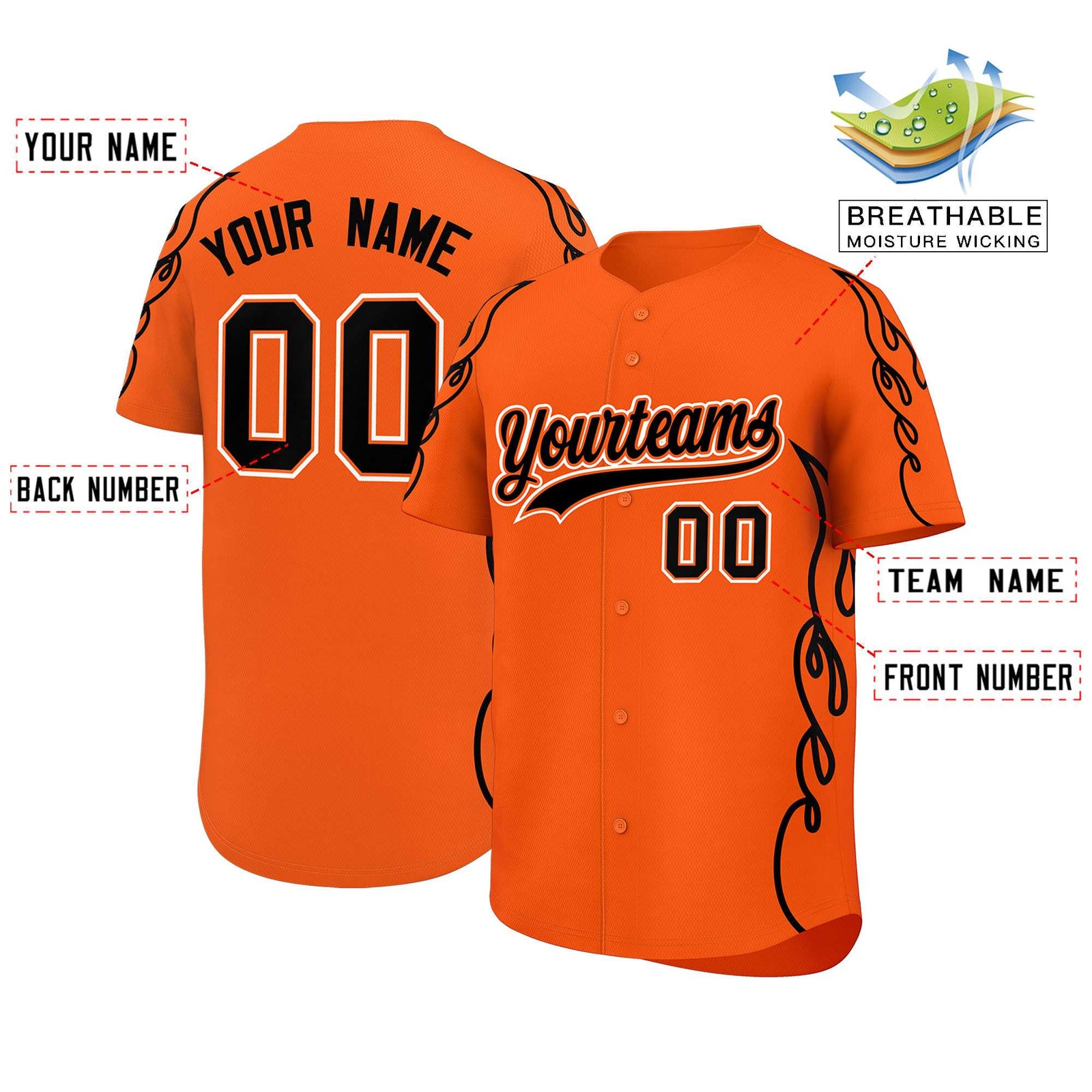Custom Orange Black Side Flame Outline Pattern Sports Uniform Basetball Jersey