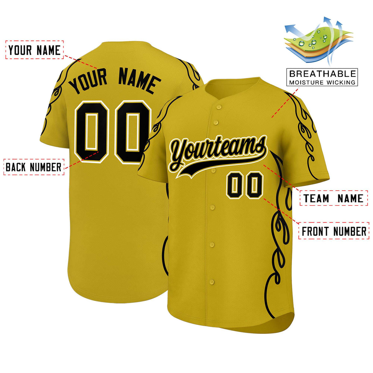 Custom Old Gold Black Side Flame Outline Pattern Sports Uniform Basetball Jersey