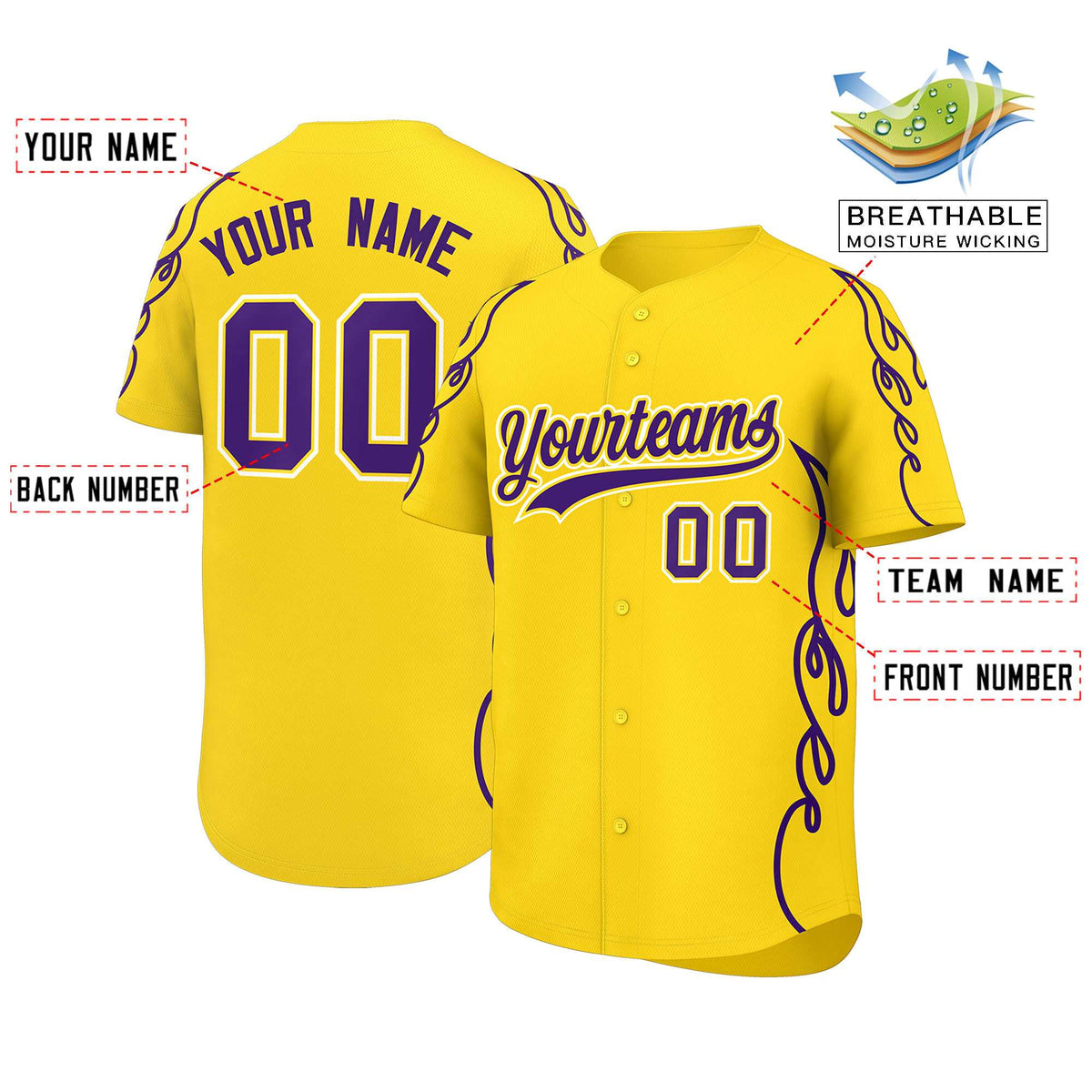 Custom Gold Purple Side Flame Outline Pattern Sports Uniform Basetball Jersey