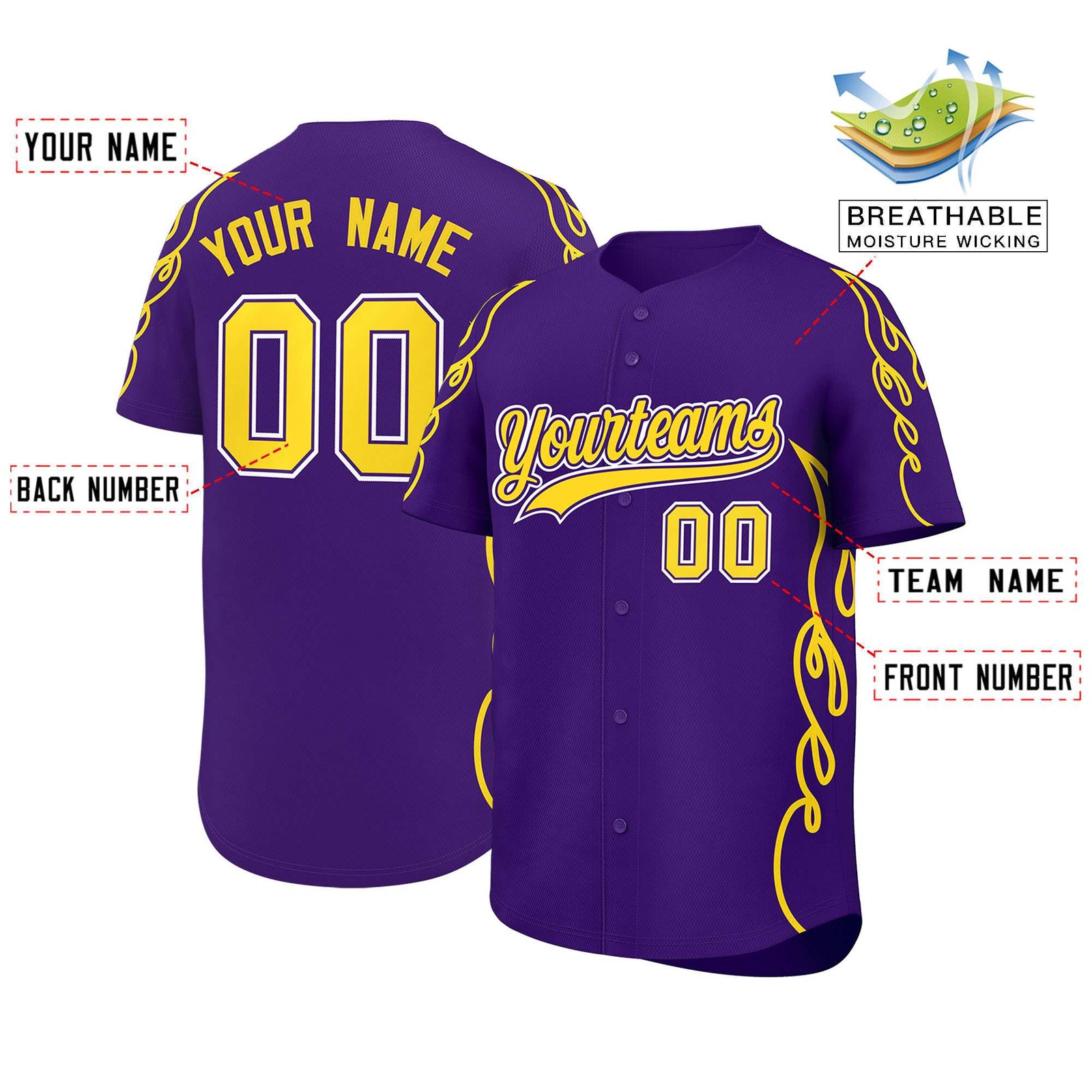 Custom Purple Gold Side Flame Outline Pattern Sports Uniform Basetball Jersey